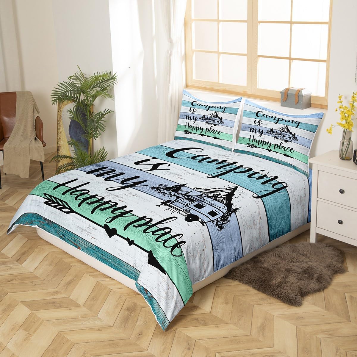 RV Camper Duvet Cover Queen,Camping Bedding Set Camping Decor,RV Travel Car Camping Comforter Cover for Men,Hand Drawn Wooden Planks Grunge Vintage Bed Sets Camping Accessories for Inside Green Blue
