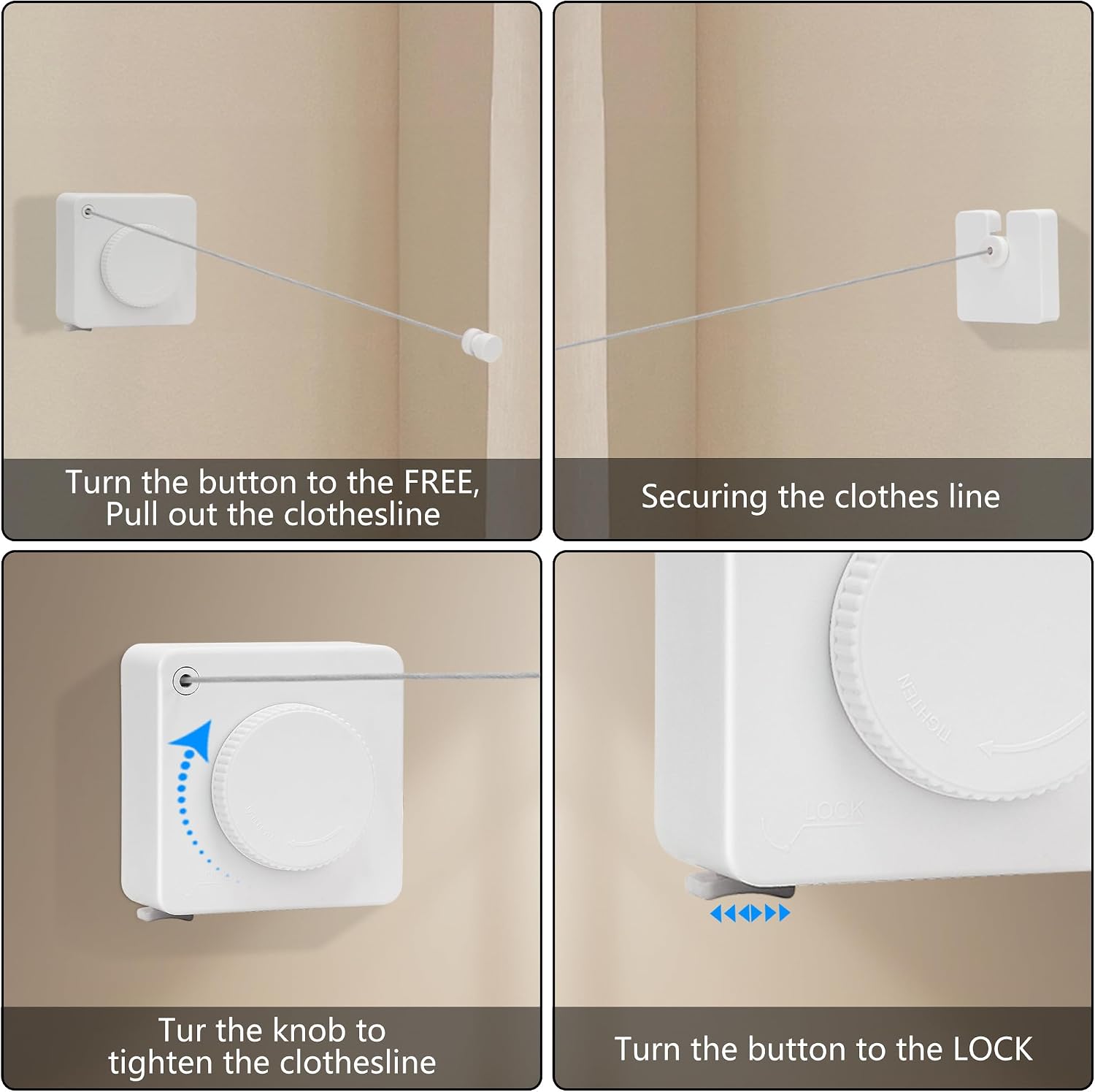 15.7Ft Retractable Clothesline Indoor an Anti-sag Retractable Clothesline Outdoor,Laundry Line Wall Mounted Stainless Steel Wire Laundry, with 12 Clip(White)