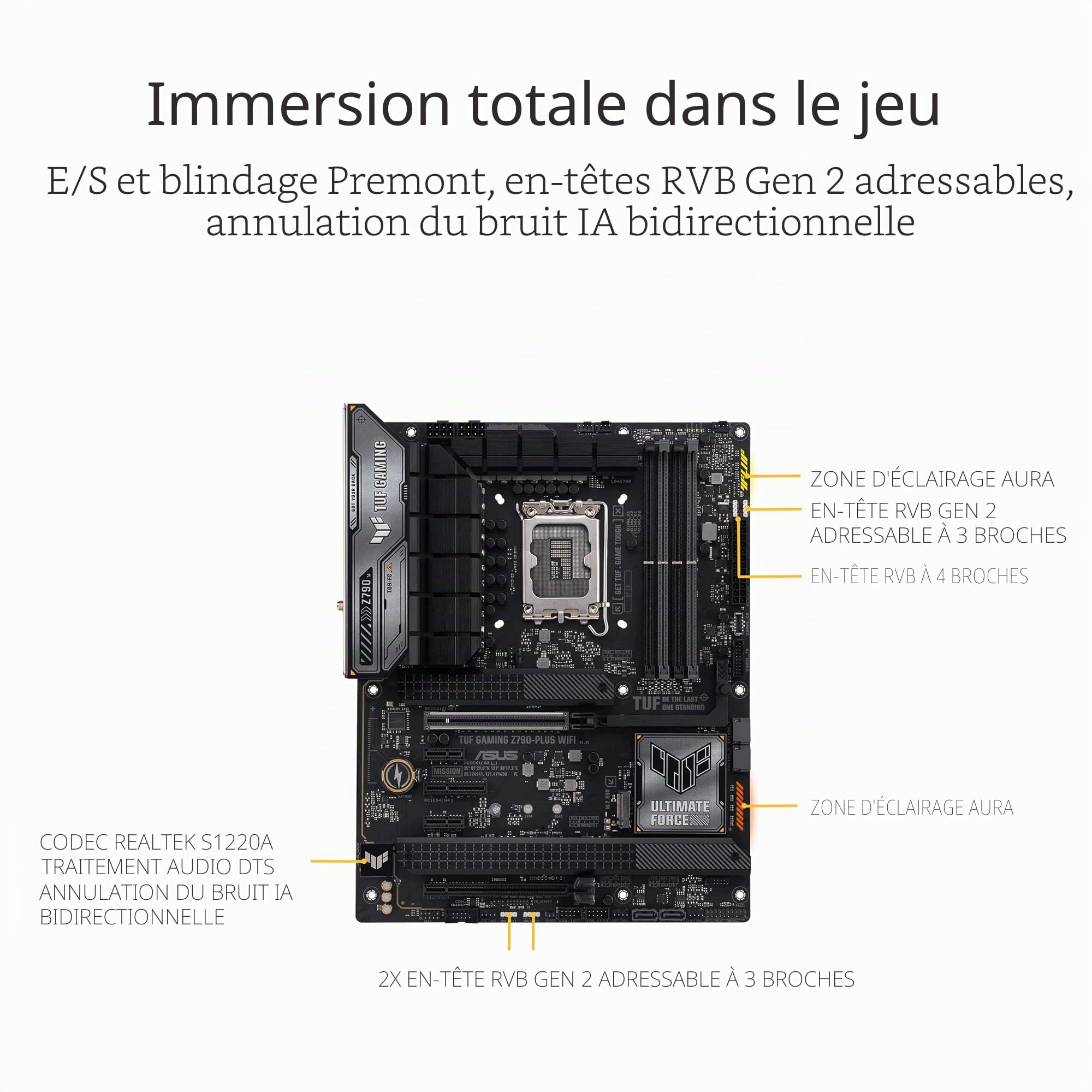 ASUS TUF Gaming Z790-PLUS Carte mère Intel LGA 1700 ATX (PCIe 5.0, Quatre M.2, 16+1 DrMOS, DDR5, 2,5 Go Ethernet, Wi-FI 6E, USB 3.2 Gen 2x2 Type C, Thunderbolt (USB4), Aura Sync, AEMP II) | ATX, PCIe 5.0, mémoire DDR5, 4 x M.2, HDMI, DisplayPort, WiFi 6,