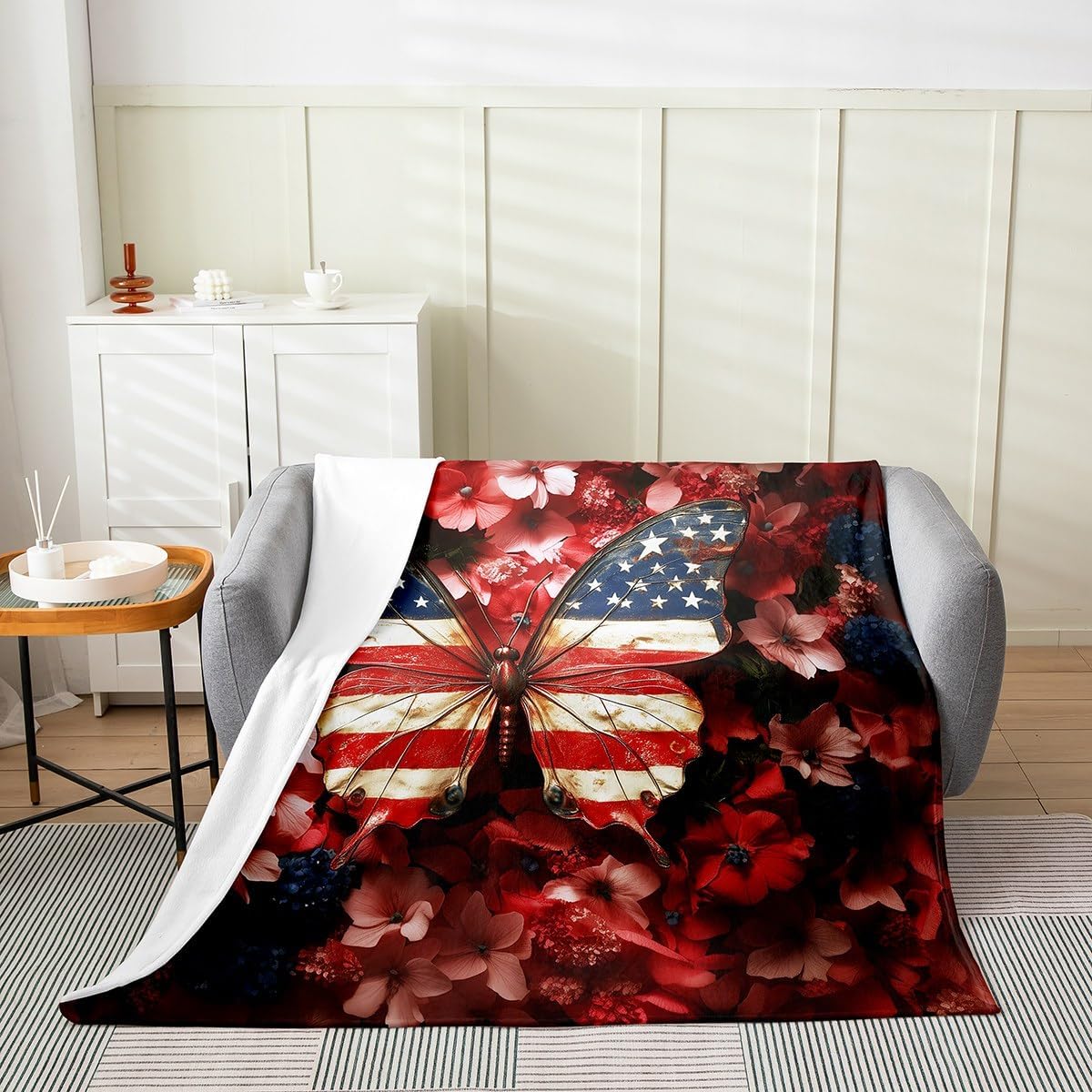 Cute Dog Kids Flannel Blanket,Independence Day Freedom Theme Bed Blanket for Boys Girls,Stars Firework Cartoon Puppy Animal Pet Fleece Blanket,White Fuzzy Blanket,Queen Size (90 x 90 Inches)