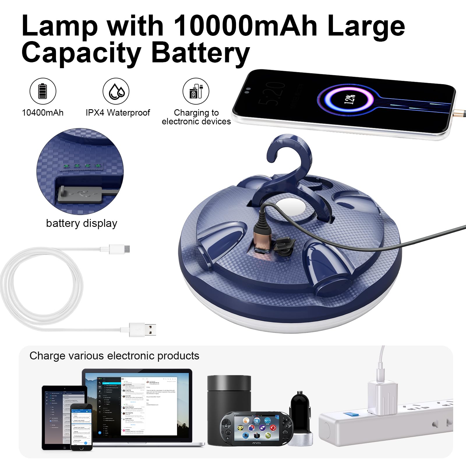 Luz de camping portátil de 4000 lm con batería de 10400 mAh, tiempo máximo de funcionamiento de 14 horas, 3 modos de luz, linterna de camping para senderismo, uso de emergencia y cortes de