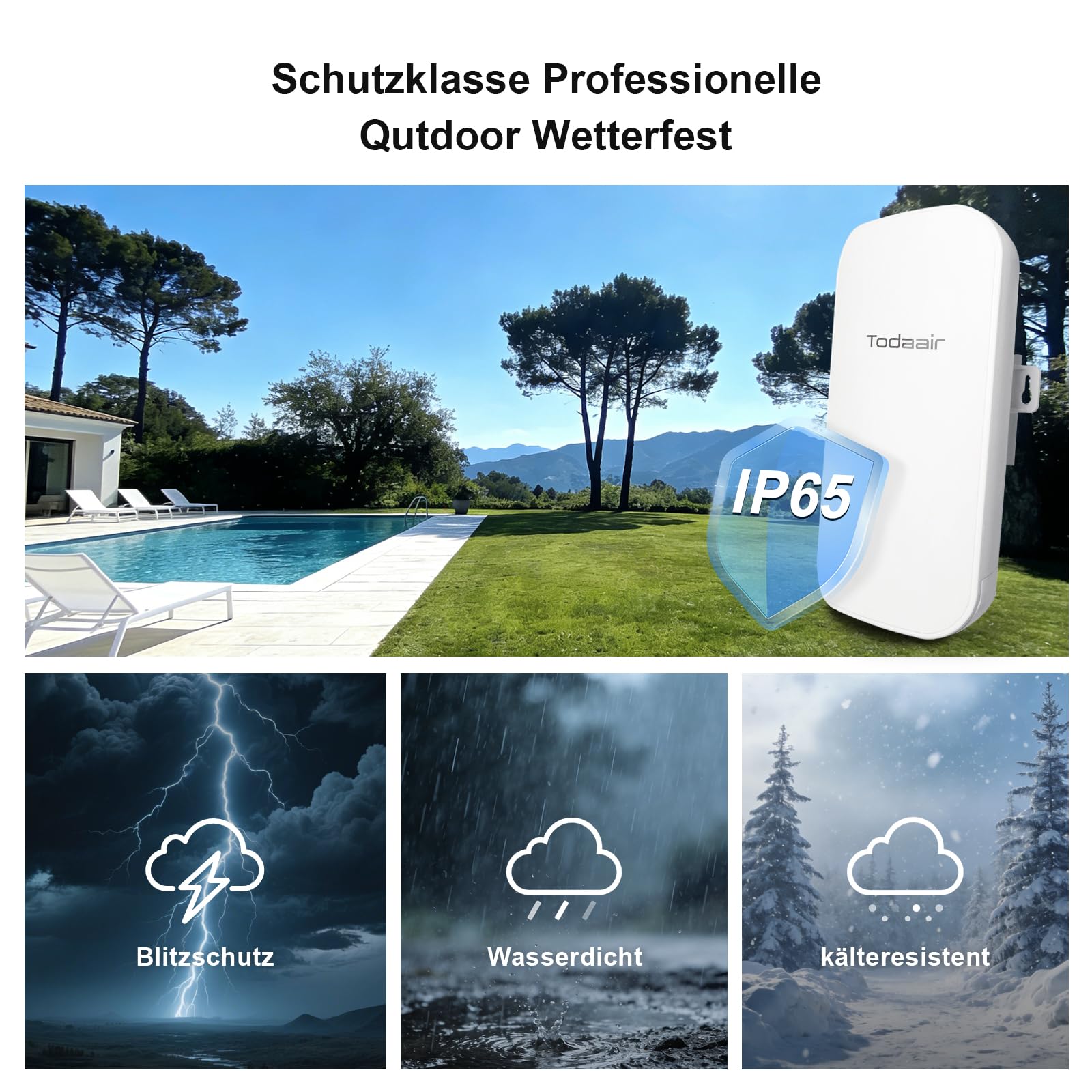 TODAAIR Extender WiFi per esterni, 1200 Mbps, Dual Band, WiFi 6/7 WPA3 Enterprise, IP65 resistente alle intemperie, modalità AP e ripetitore, compatibile con router comuni, per cortile, giardino