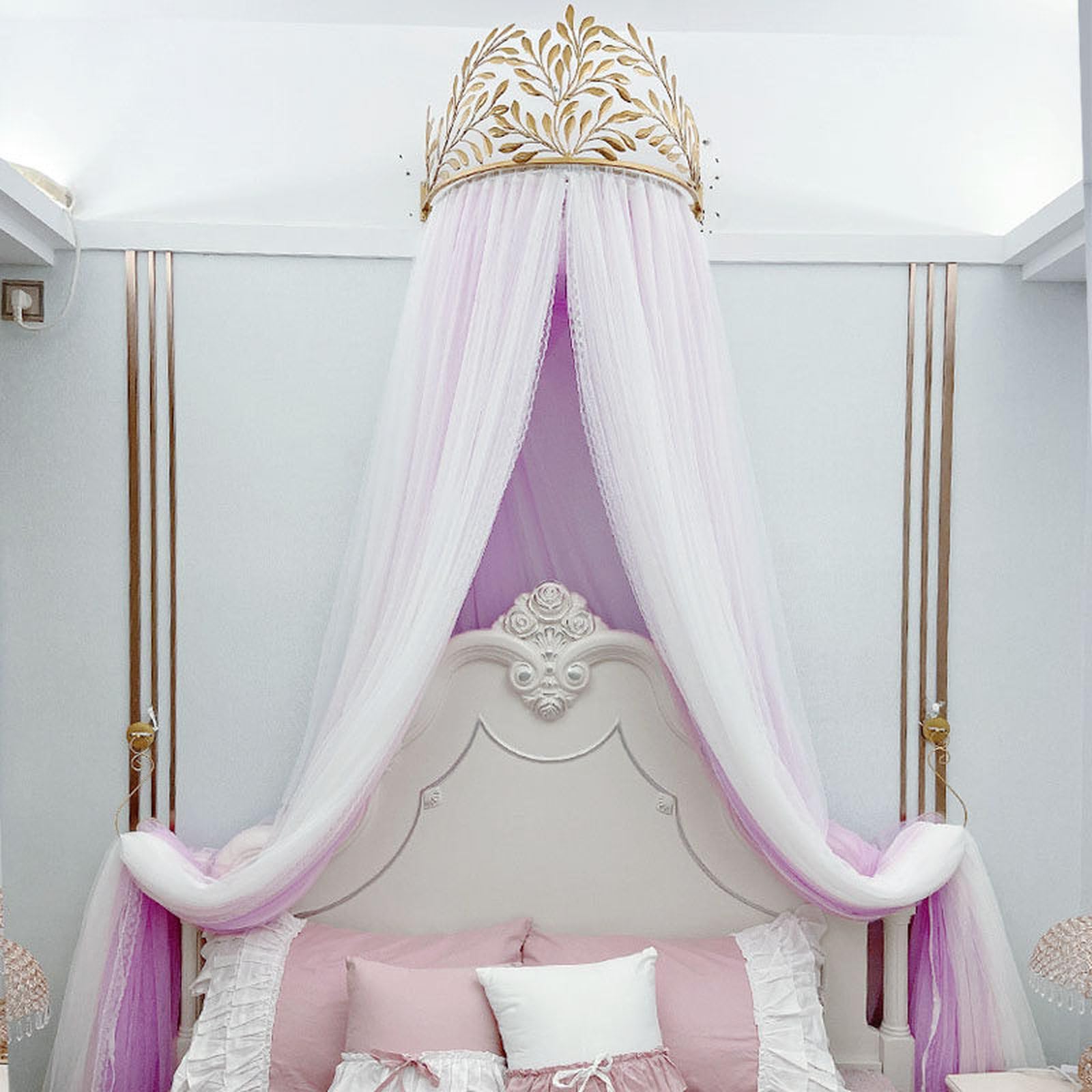 SDCGB Princess Bed Canopy for Girls & Adults, Elegant Double Layer Bed Curtain Princess Crown Mosquito Netting for Room Décor, Purple