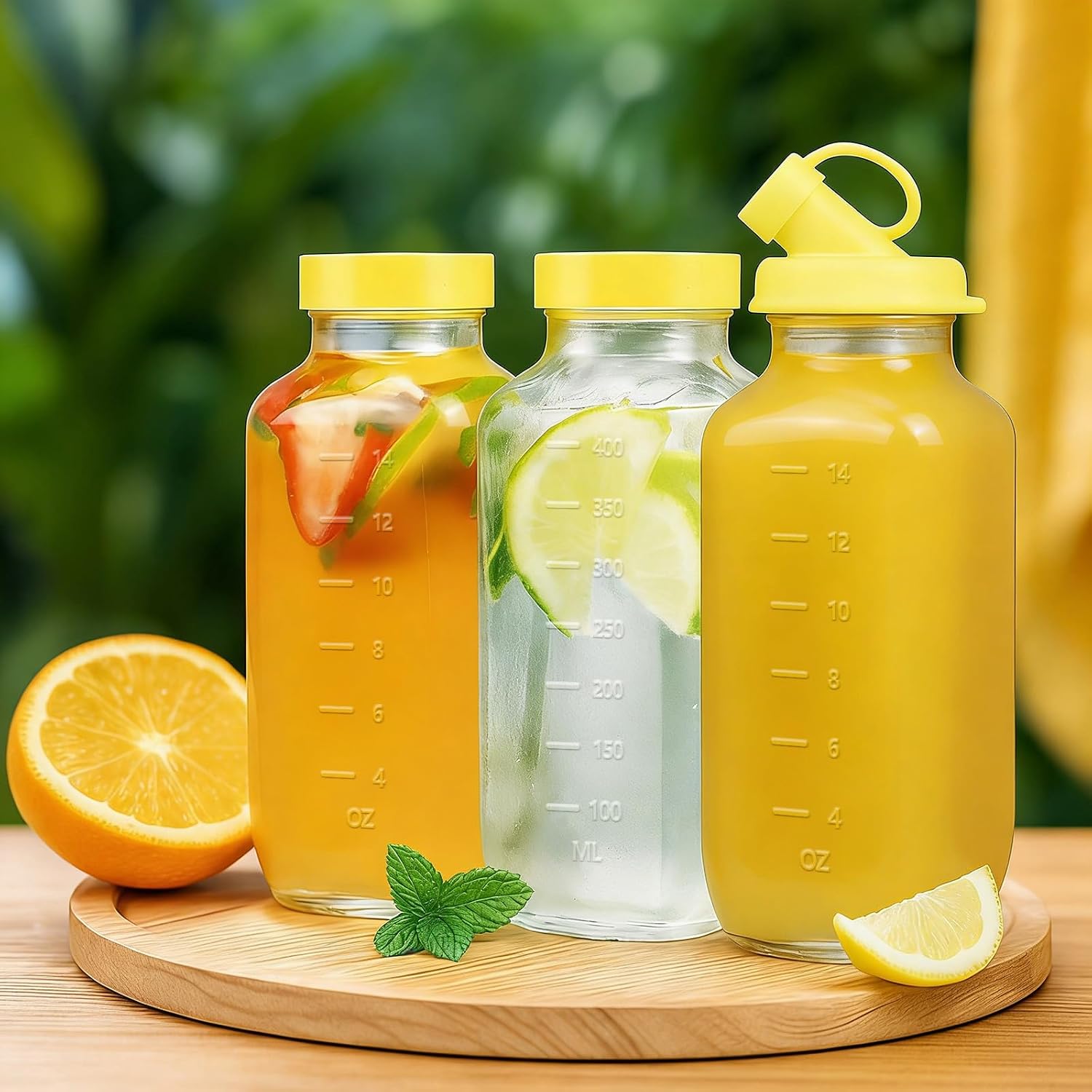 Reusable Glass Juice Bottles with Airtight Lid, 16 oz Glass Pitchers with Pour Dispenser, 500ml Milk Storage Containers for Fridge, Water Bottles for Travel