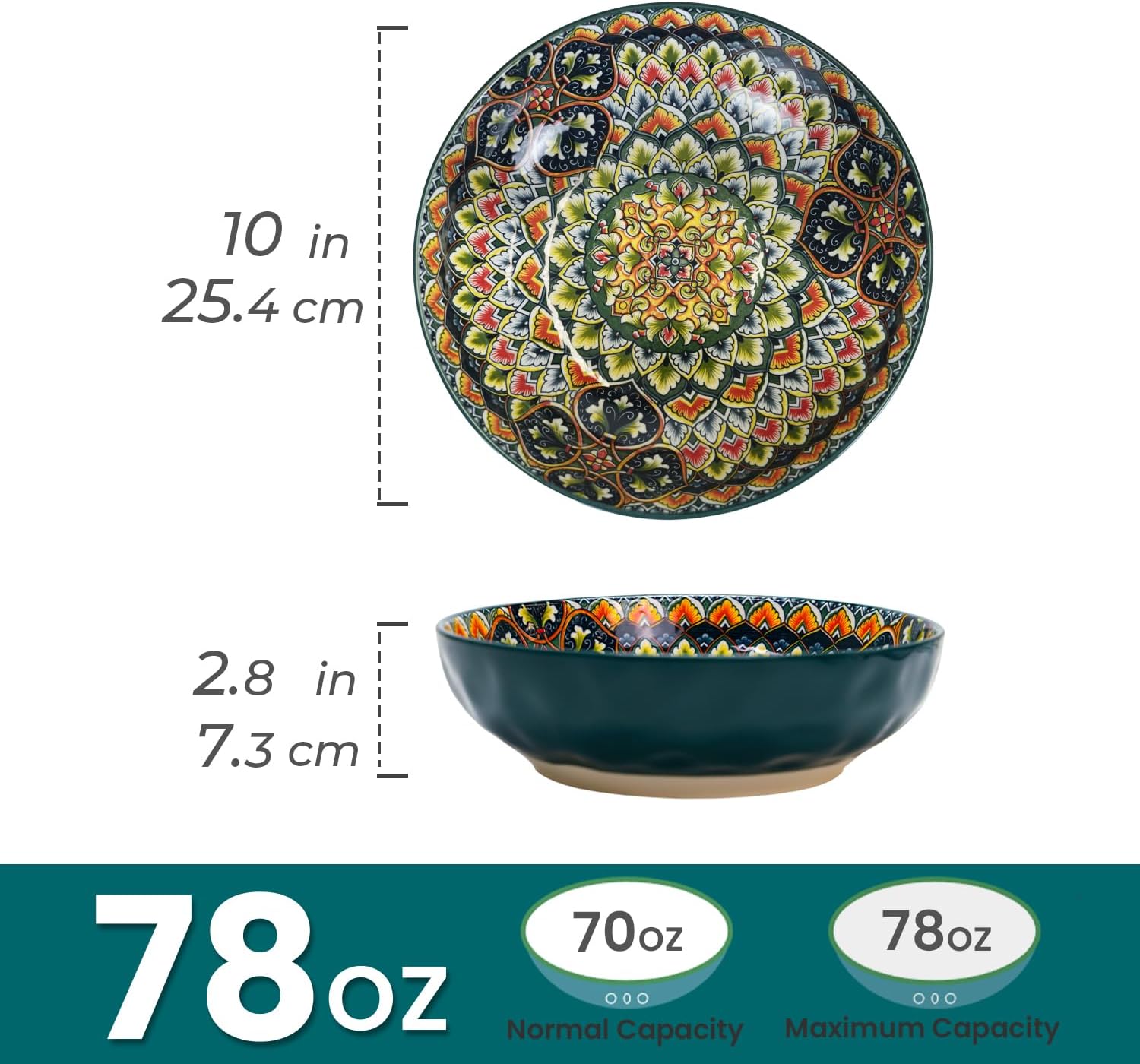 Large Serving Bowls, 10 inch Porcelain Bowls, 75 Oz Fruit Salad Soups & Pasta Bowls for Entertaining, Dinner, Party - Stylish Decorative Dishes, Set of 2, Microwave & Dishwasher Safe - GREEN - Image 2