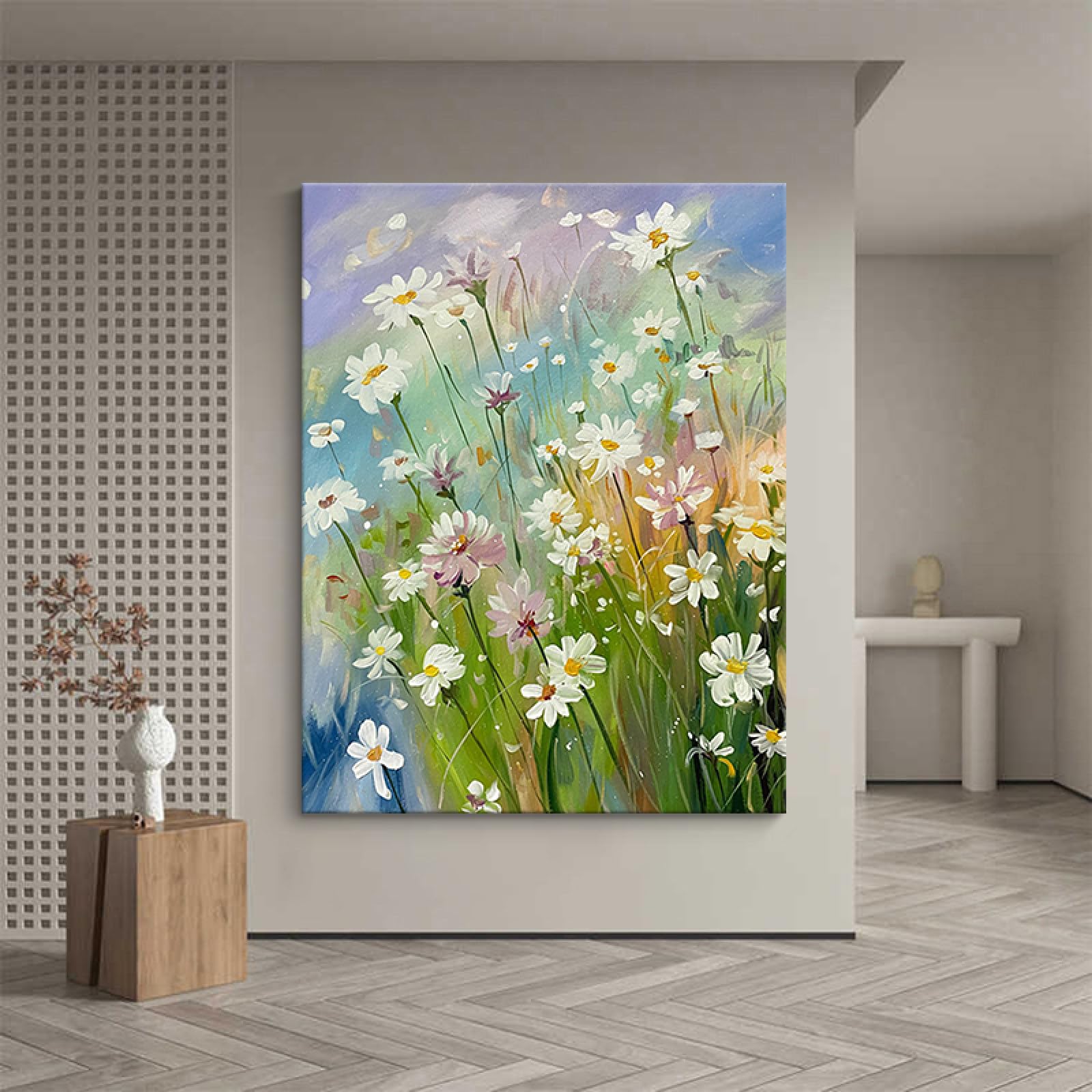 Peinture à l'huile de marguerite abstraite grand format sans cadre pour salon
