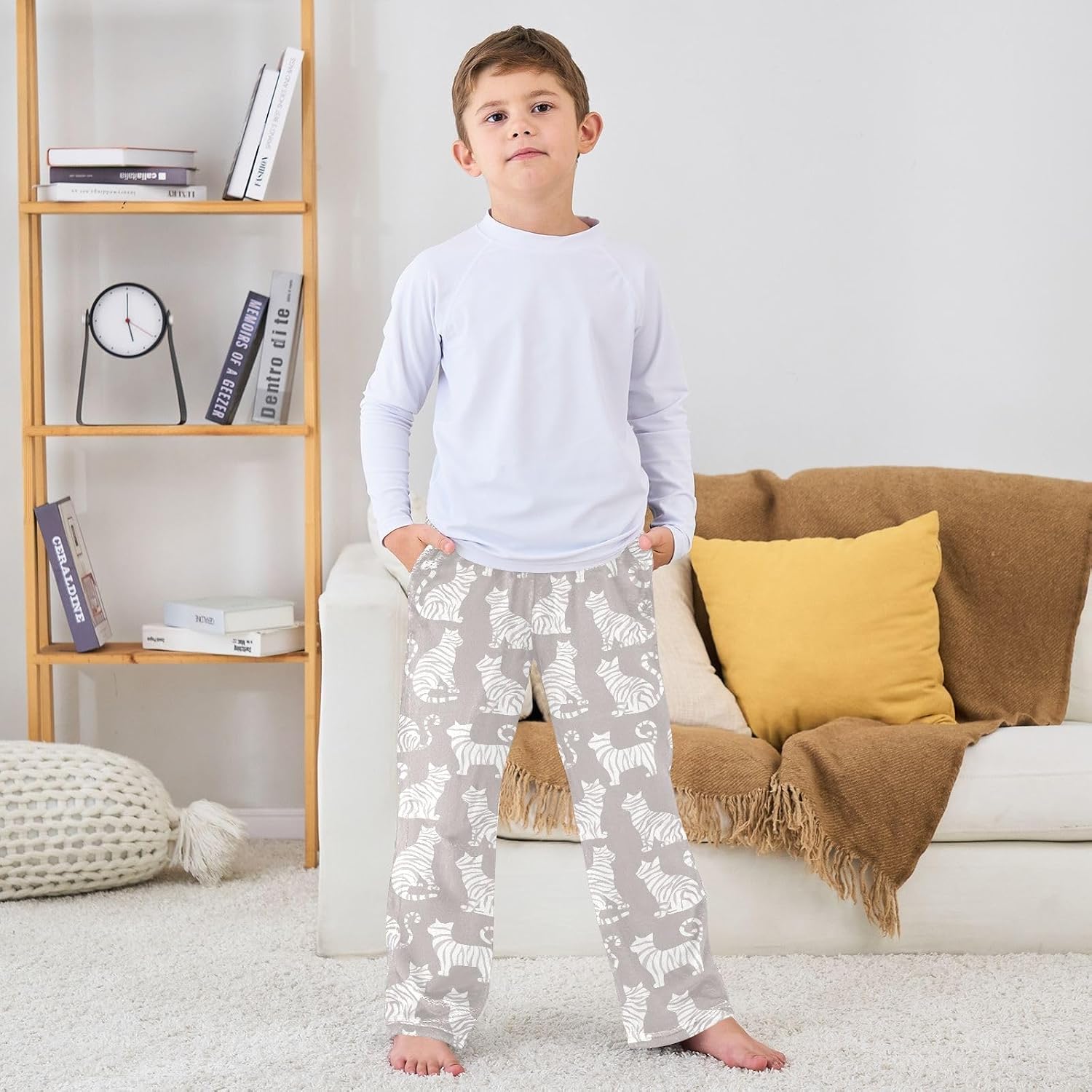 Cat Silhouettes Stripe Boys Pants for Kids Fleece Bottoms Long Jogger Pants Trousers with Pockets Size 6-14Y