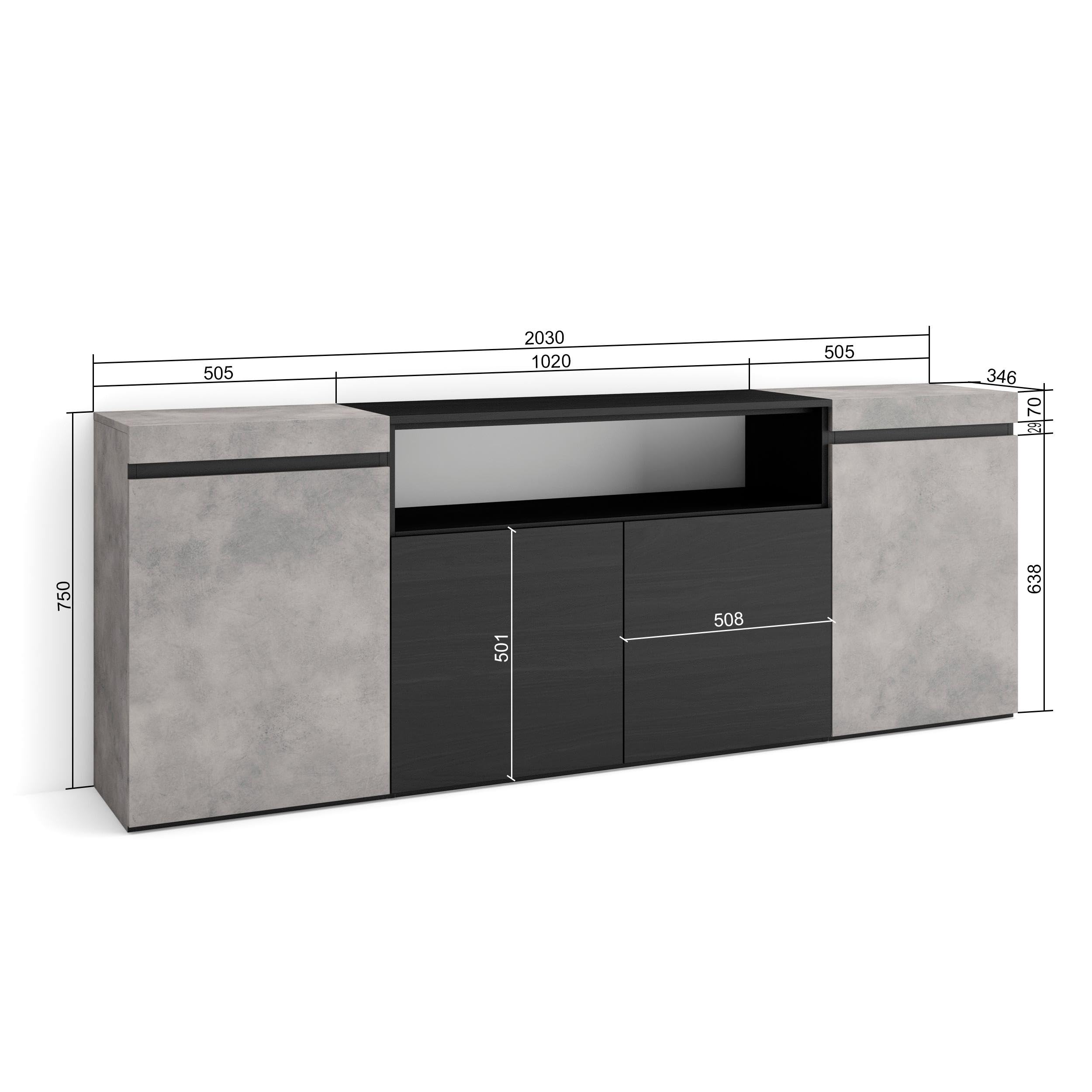 Skraut Home | Credenza, Mobile, Cucina | Madia, mobile ingresso | 200x75x35cm | 4 Porte | grande stoccaggio | Stile moderno | Cemento