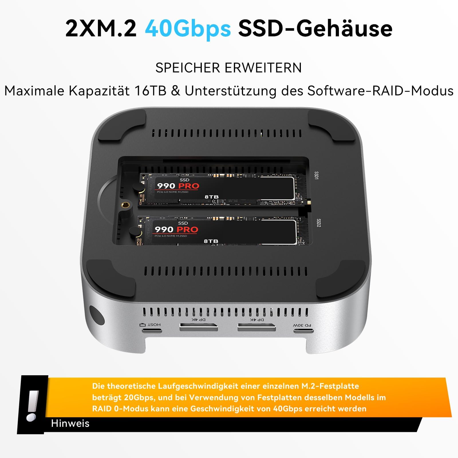 ACASIS 40Gbps Mac mini M4 Docking Station con Dual-Bay SSD Case M.2 NVME | Hub USB C 2 x DP 4K60Hz, 3x USB-A 10Gbps, PD 30W, SD/TF 4.0, Doppia Ventola, Alluminio, per M4/M4 Pro