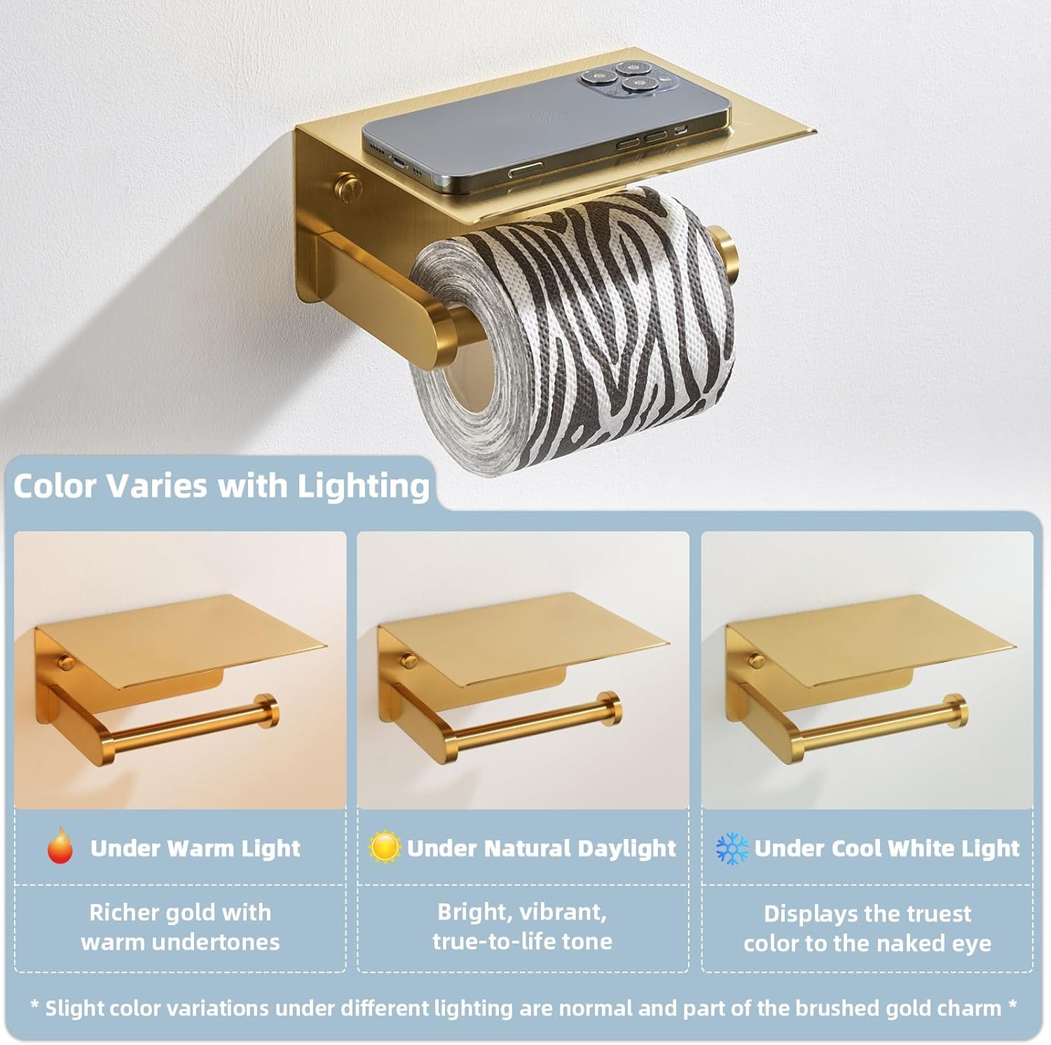 APLusee Brushed Gold 304 Stainless Steel Square Towel Ring, Toilet Paper Holder with Shelf Bundle, Wall Mounted