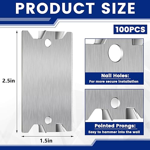 Vista 2 de Dunzy 100 placas de clavo para tachuelas de madera, protector de alambre de cable de 1.5 x 2.5 pulgadas con puntas puntiagudas, placas de seguridad