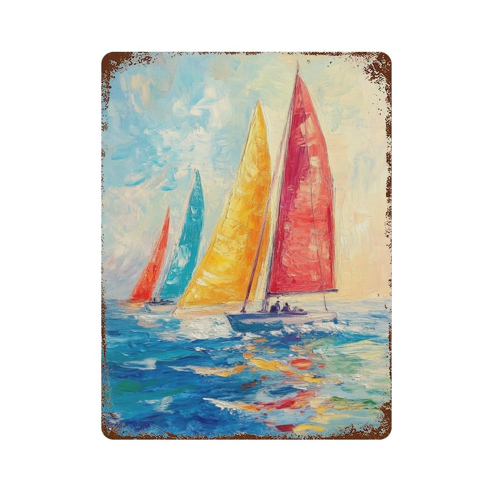 Weathered Tin Sign Colorful Sailboats Painting-1 15.7"x11.8", Novelty Wall Decor for Basement, Hobby Room And Garage Decor