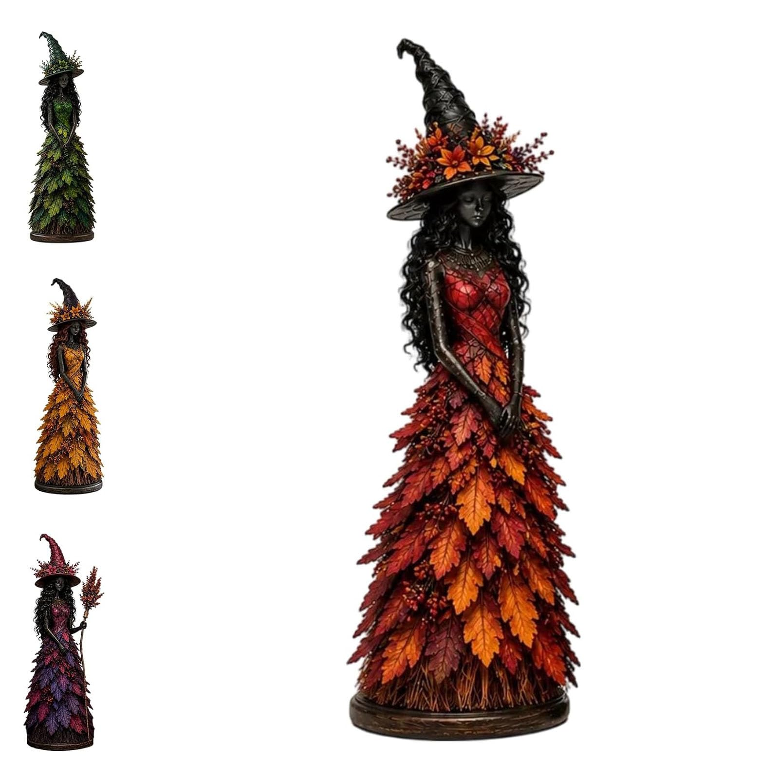 Fokayo Enchanted Autumn Witch Figurine, Fall Witch Decor Halloween Tabletop Statue with Leaf Gown, Rustic Harvest Table Decor, Gothic Harvest Home Halloween Decor Gift (#A)