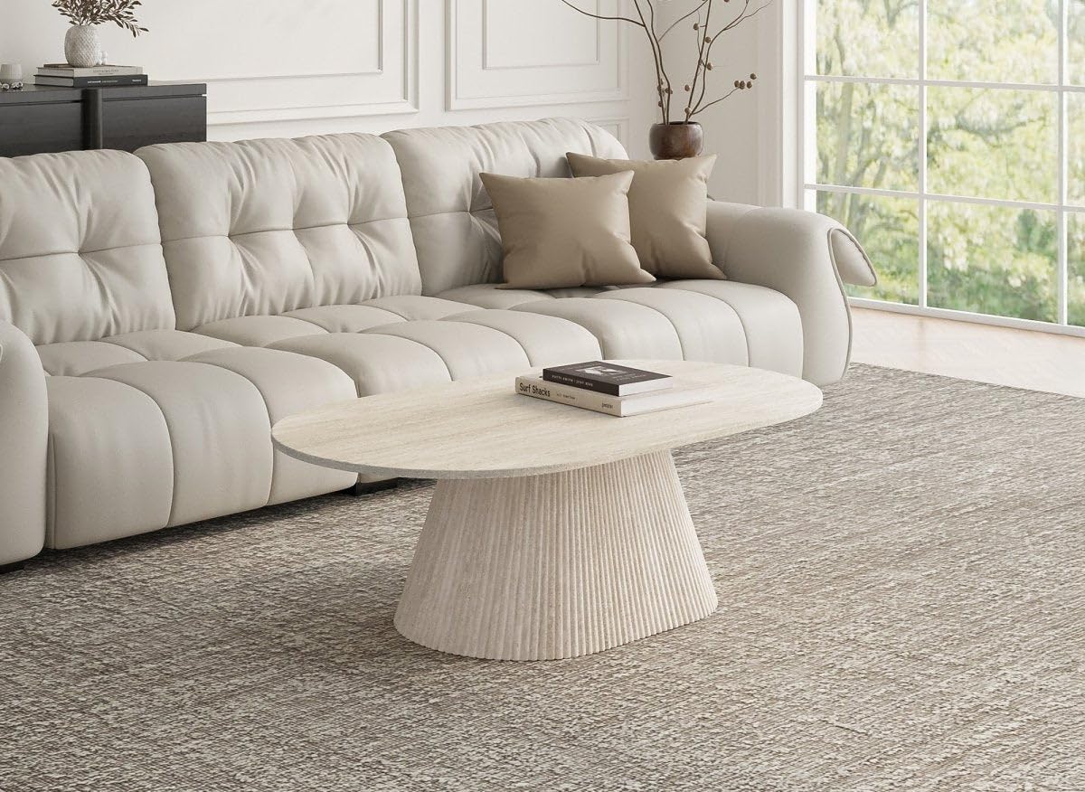 DecoInParis Table Basse Ovale en marbre Composite Beige Tiana