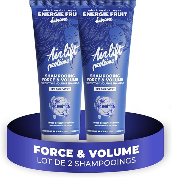 ENERGIE FRUIT Airlift - Shampoing Protéine Force et Volume - Sans Sulfate - Volumisant, Epaississant - Cheveux Fins, Plats, Fragiles, Tombants - 96% Origine Naturelle - 2 x 250ML - 1
