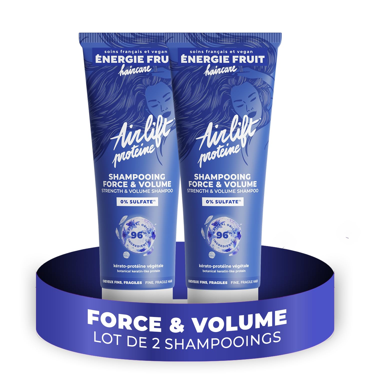 ENERGIE FRUIT Airlift - Shampoing Protéine Force et Volume - Sans Sulfate - Volumisant, Epaississant - Cheveux Fins, Plats, Fragiles, Tombants - 96% Origine Naturelle - 2 x 250ML - 1