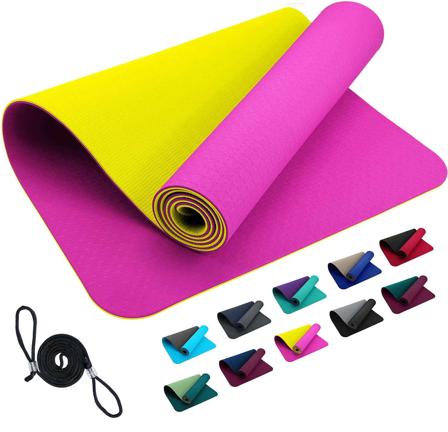 Premium TPE FLXYA - Tappetino sportivo per fitness, 183 x 61 x 0,6 cm, privo di ftalati e sostanze nocive, extra antiscivolo con tracolla inclusa, tappetino per sport, yoga, fitness, pilates, allenamento e ginnastica, spessore 6 mm