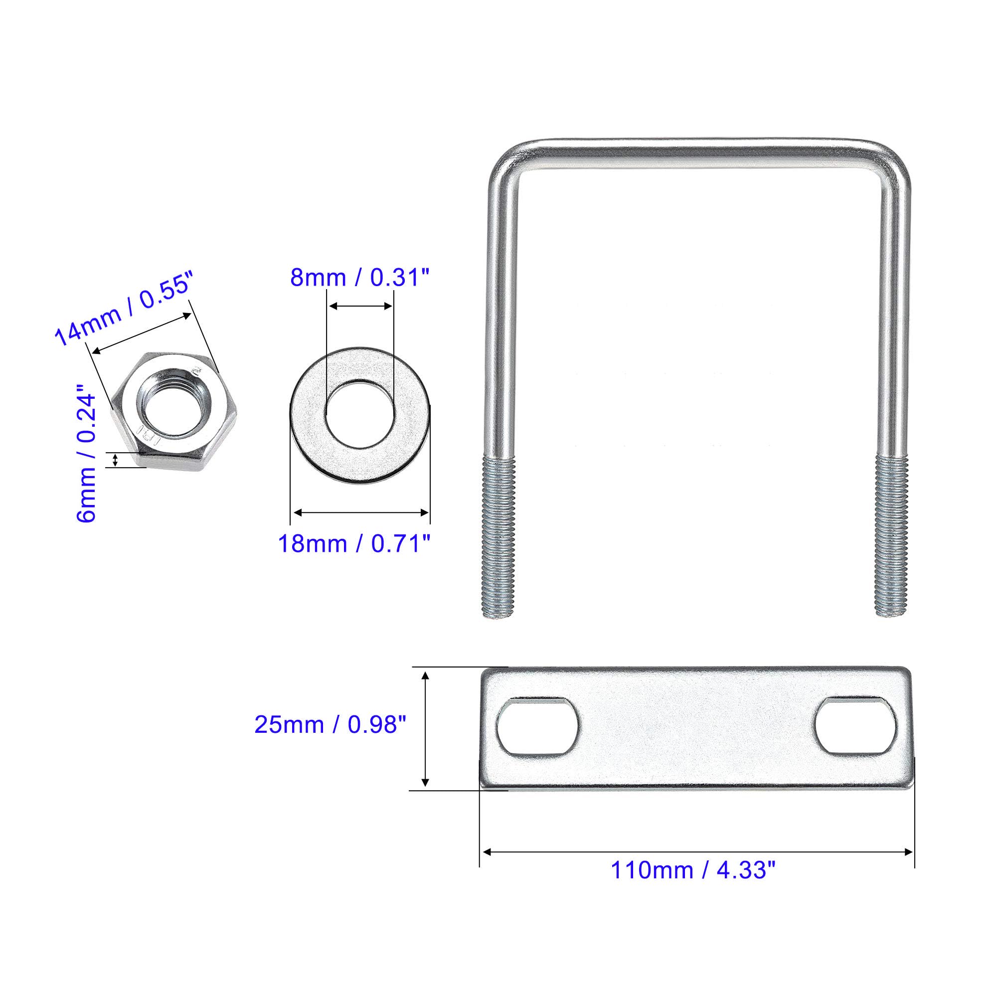 MACHSWON Square U-Bolt,4 Set Carton Steel M8 U Bolts 80mm(3-1/8") Inner Width 130mm Length with Nuts and Frame Plate for Automobiles Boat Trailer - Image 3