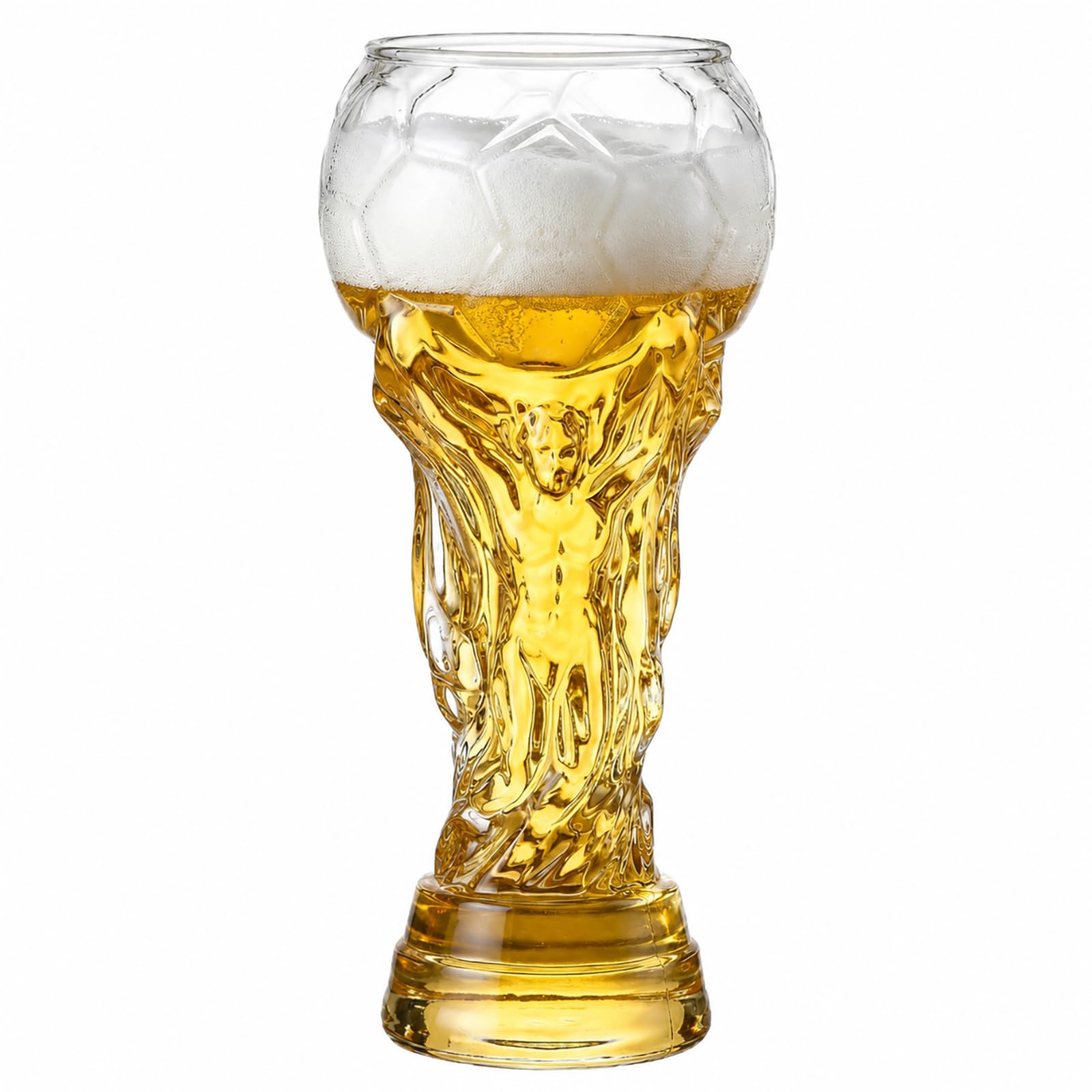 Novelty Soccer Trophy Shaped Beer Glass, Large Clear Draft Beer Mug, Football Pattern Drinking Cup for Bar Pub Game Day Party Soccer Fan Gift (Medium Size)
