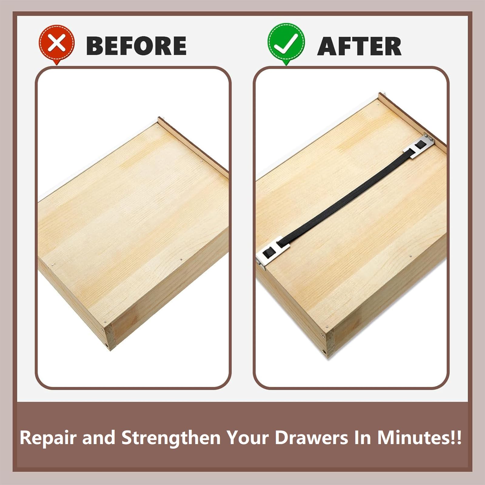Kit de réparation de tiroir 2 pièces – Fixation rapide pour tiroirs affaissés ou cassés, supports de tiroir pour le fond des tiroirs affaissés, sangles de renfort et supports pour chambre à coucher