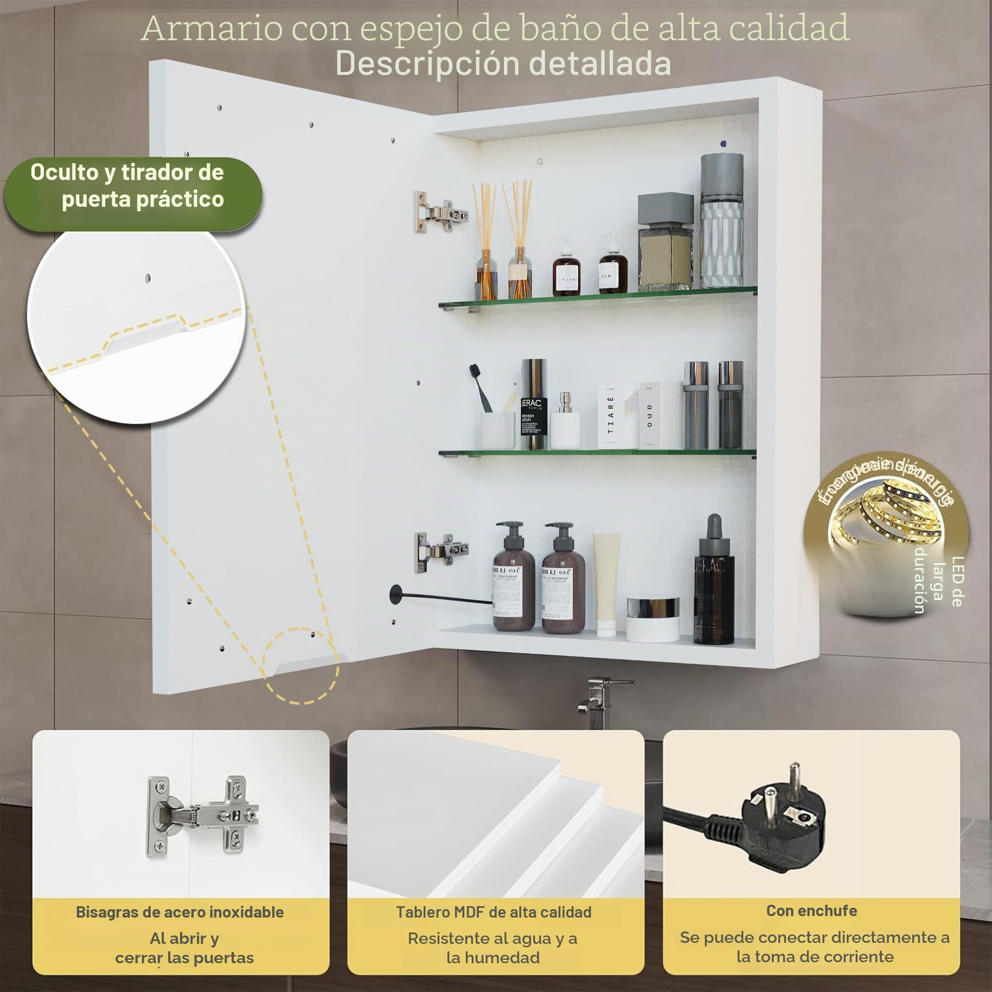 BFYDOAA - Espejo de pared con iluminación y almacenamiento, 50 x 70 cm - Armario con espejo de baño, espejo LED con 2 estantes - 3 colores LED, interruptor táctil