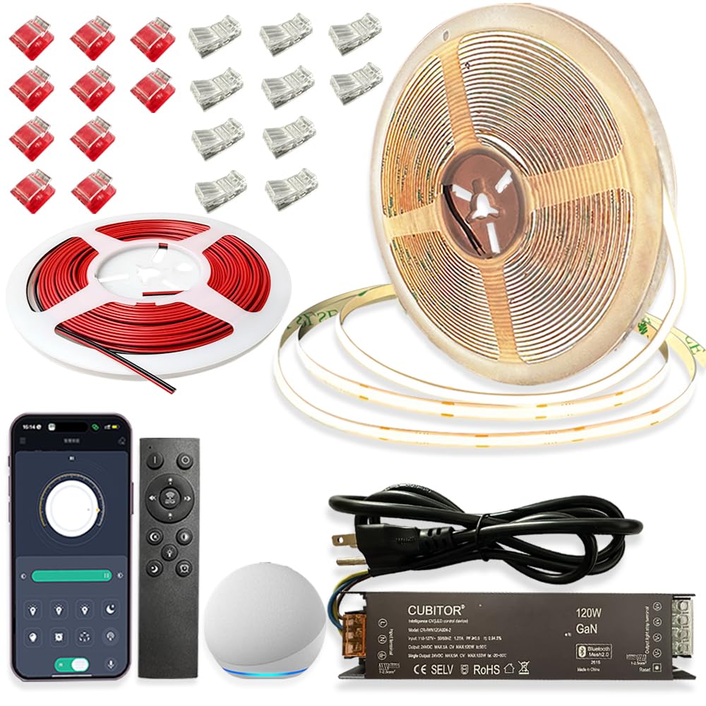 CCT COB LED Strips Light Kit,2700K-6500K,32.8ft/10m,Dimmable & Cuttable,24V Tape Strip with Smart Transformer,Remote/App/Alexa Voice Control,for Bedroom,Shelves,Kitchen Under Cabinet Lighting