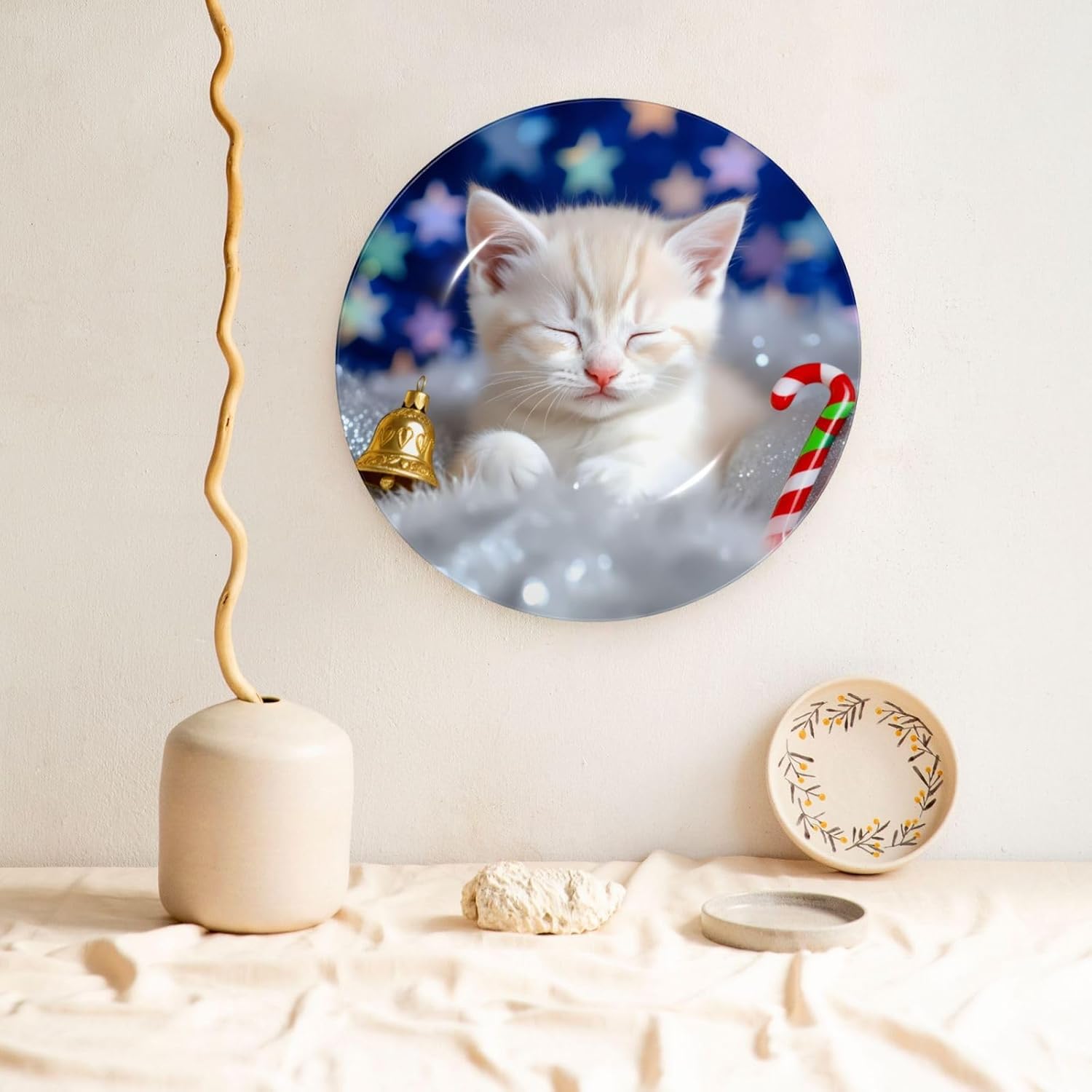 Sleeping Kitten Holiday Cheer Style Ceramic Plate Display Decorative Plate With Stand Wall Hanging Plate For Home Decor 10 Inch