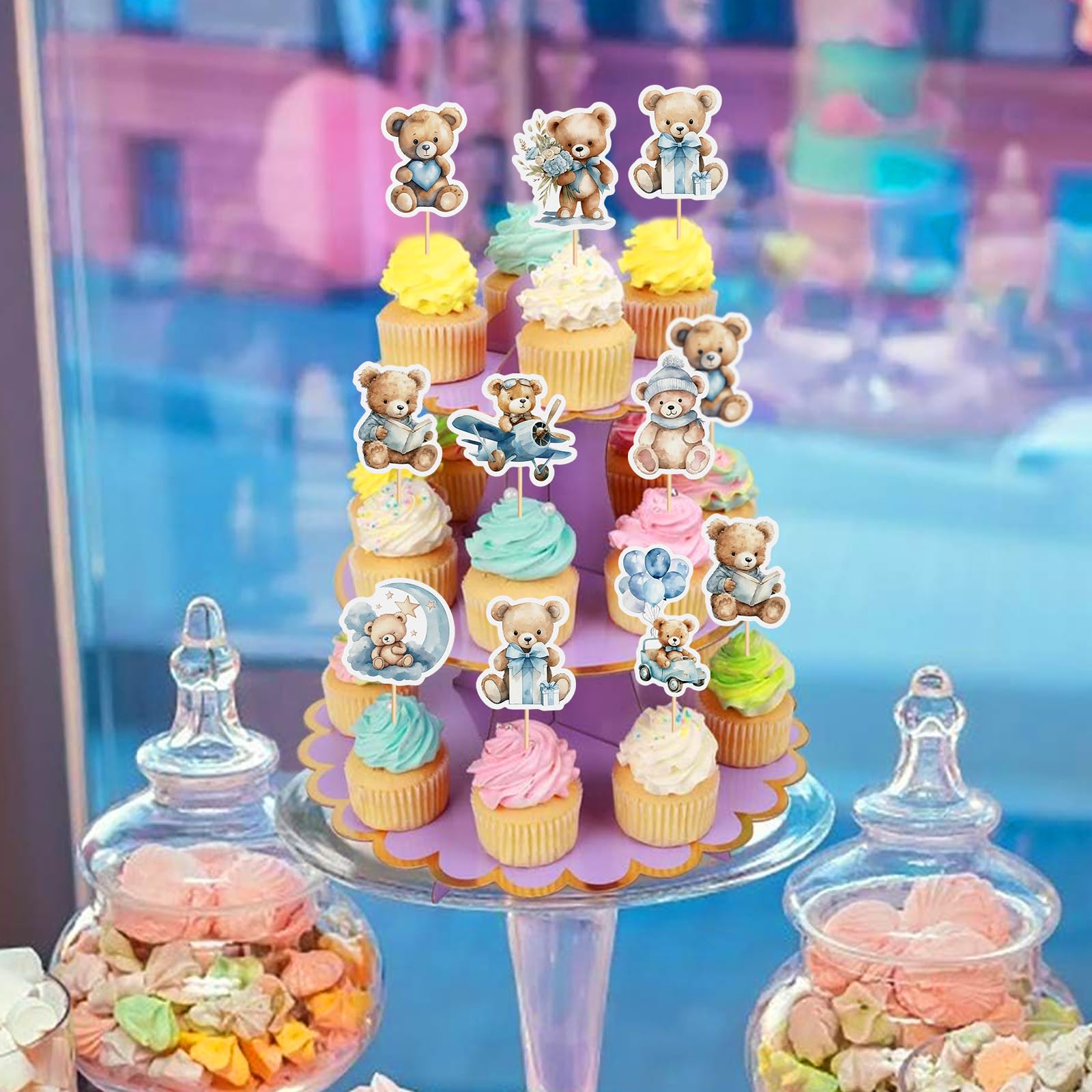 32PCS Baby Shower Bear Cupcake Toppers Airplane Car Balloon Moon Gift Bear Cake Topper Decorations Baby Theme Birthday Party Cake Decorative Supplies