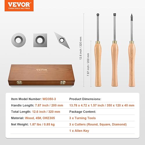 Miniatura 8 de VEVOR Juego de cinceles de torno de madera, 3 herramientas de torneado para carpintería, incluye hojas cuadradas redondas, de carburo de diamante