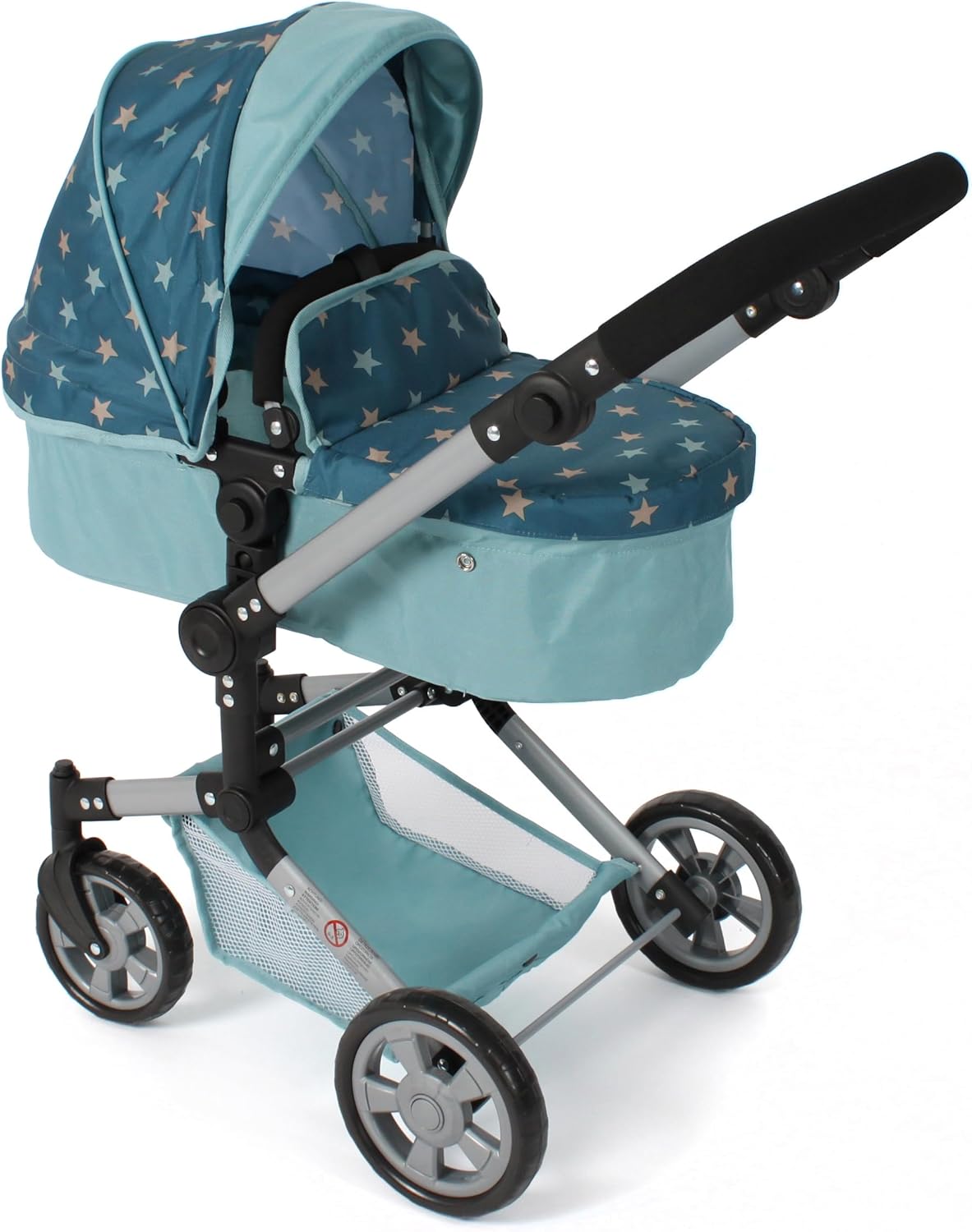 Bayer Chic 2000® 2-in-1 Combination Doll's Pram Linus - Stars Turquoise - Foldable, Height-Adjustable Handle 47-78 cm - Dolls up to 52 cm, 4-8 Years