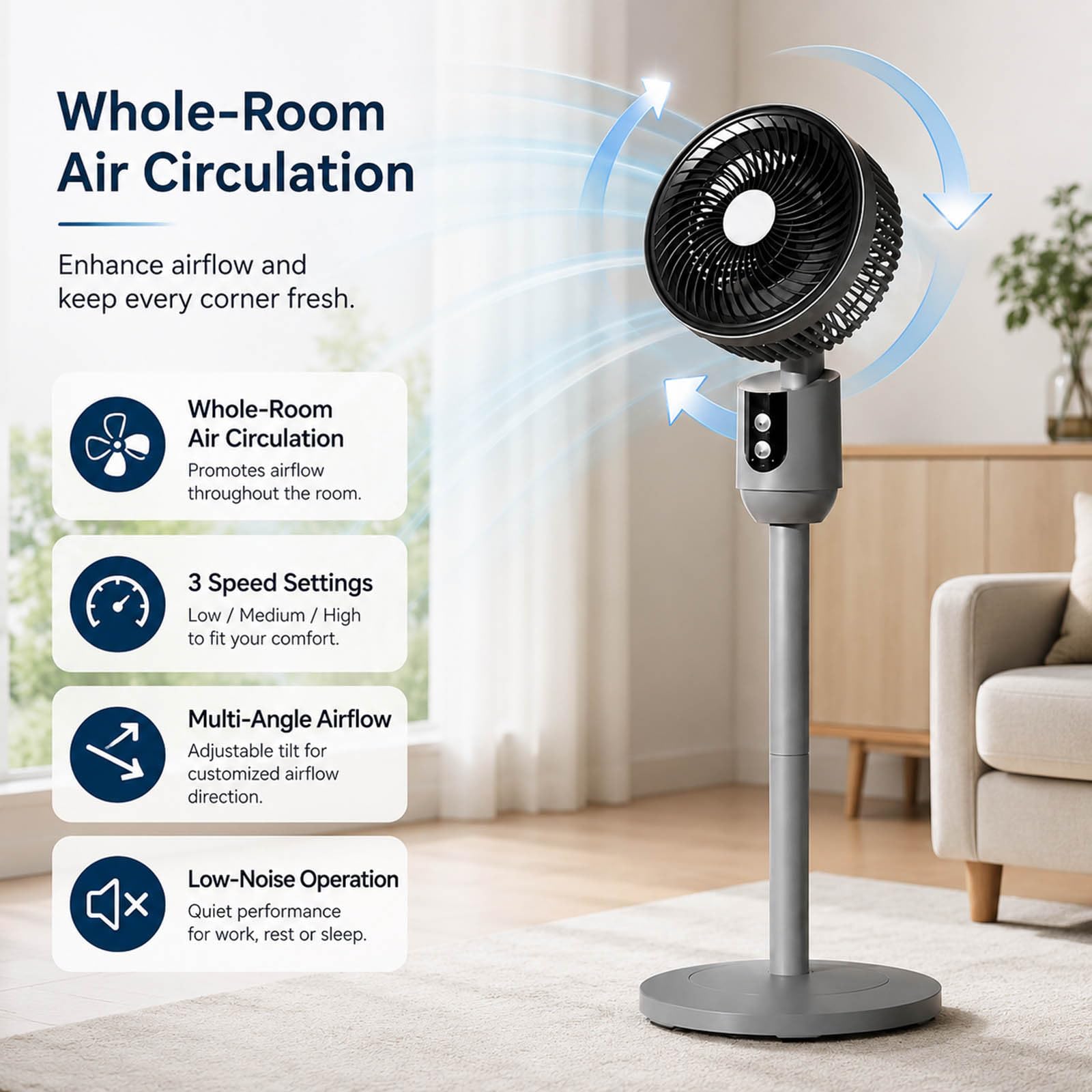 Tragbarer Stand-USB-Ventilator, höhenverstellbar, leise Luftzirkulation, für Zuhause, Schlafzimmer, Schreibtisch, Arbeitsplatz, mit oszillierendem Kopf, mehrere Geschwindigkeitsstufen