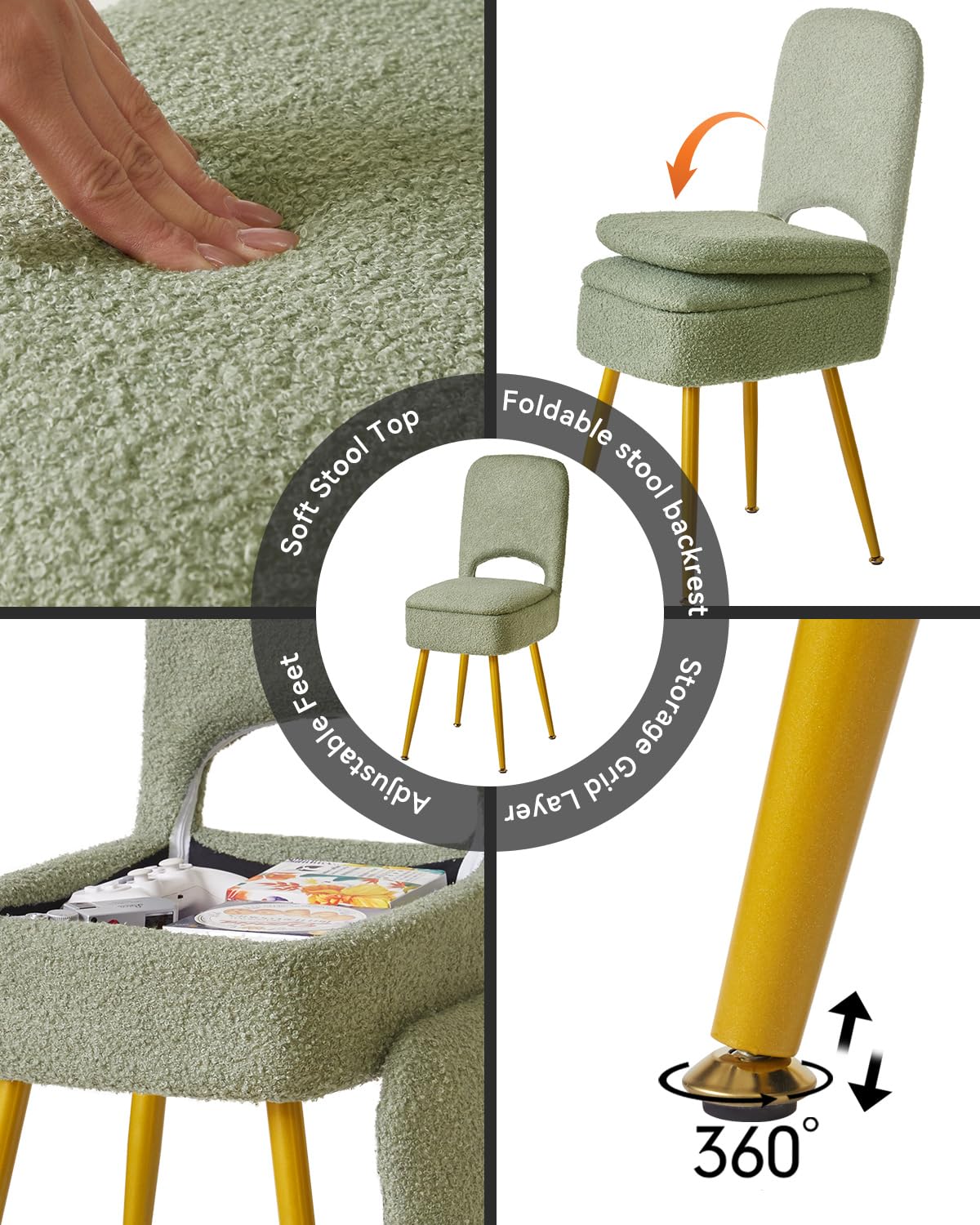 IBUYKE Stuoia da toeletta con schienale pieghevole, Ottomano quadrato in velluto Teddy, Sedia da trucco per soggiorno, 4 gambe metalliche con piedi antiscivolo, Verde WBD027D