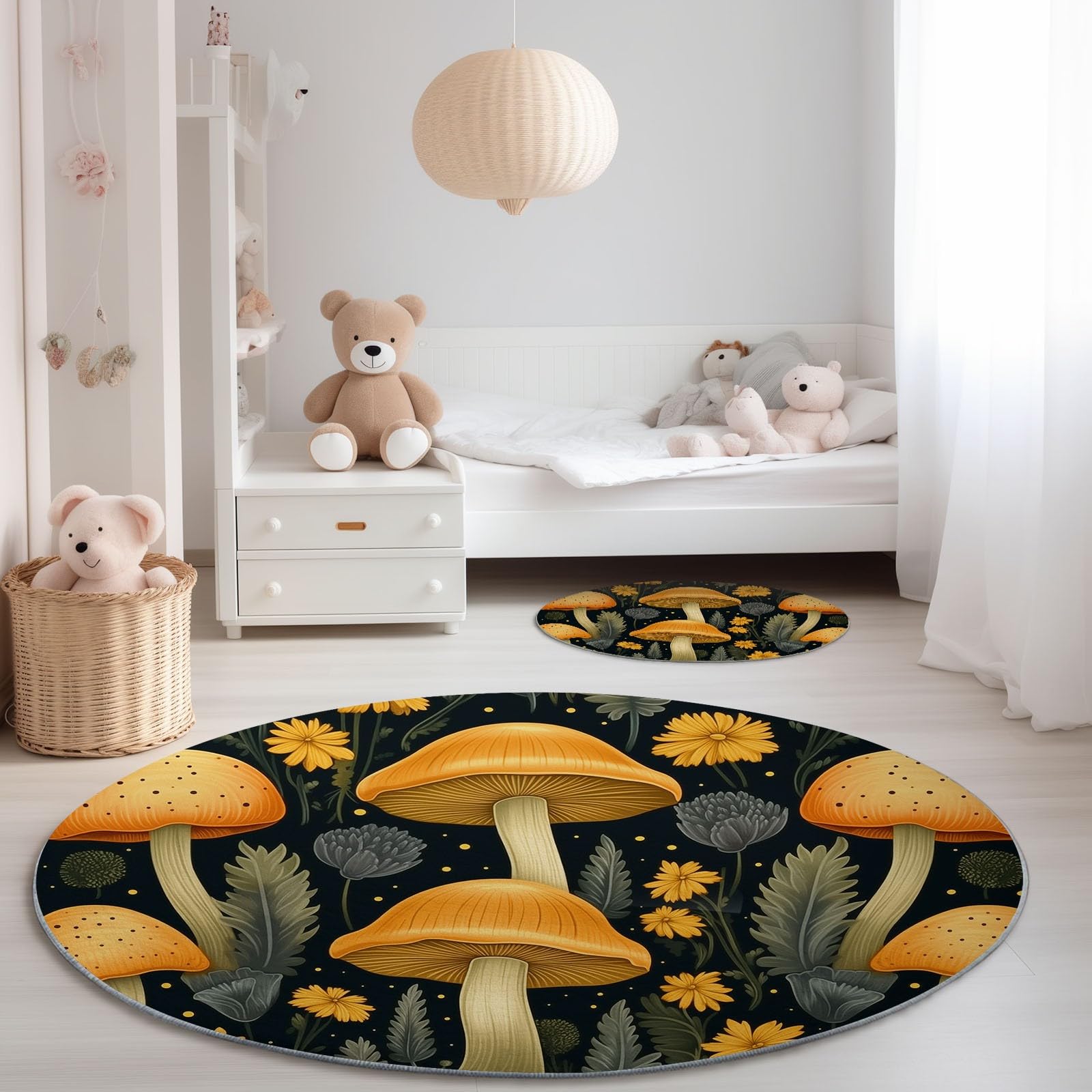Tapis rond 100 cm antidérapant en flanelle lavable à motif champignons jaune et vert