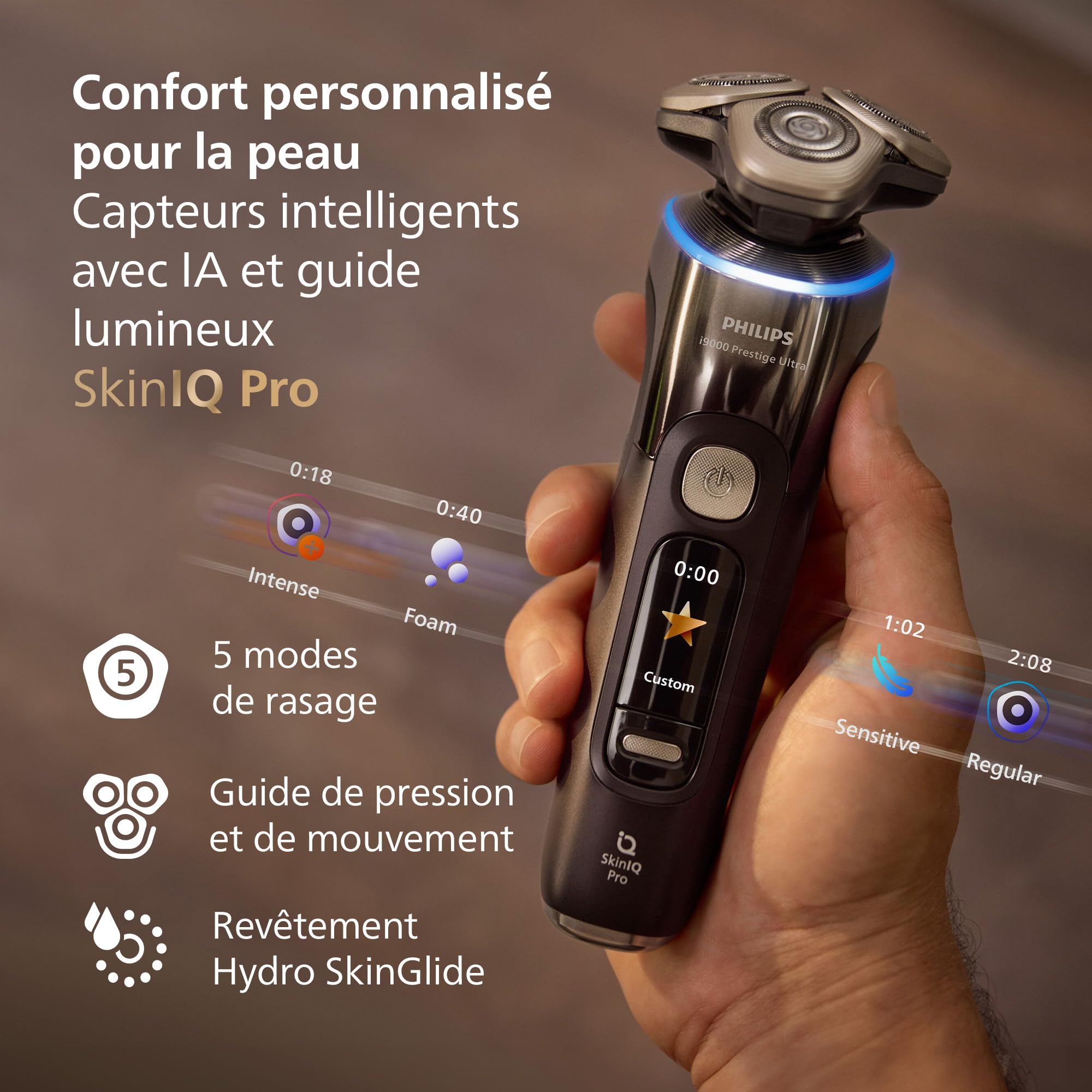 Philips Rasoir i9000 Prestige Ultra, rasoir électrique 100% étanche, technologie Skin IQ Pro, système Triple Lift & Cut, lames de précision NanoTech rotatives à 360°, 5 modes de rasage, XP9405/31