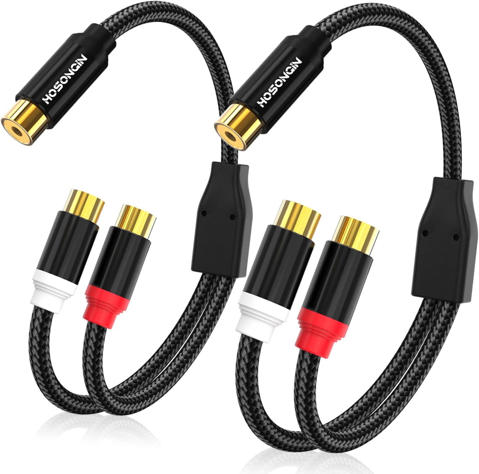 HOSONGIN RCA Y Splitter 1 Female to 2 Female Audio Cable 2 Pack, Black Cotton Braided Jacket Gold-Plated Plug Premium Shielded Audio Cable, Length 12 inch