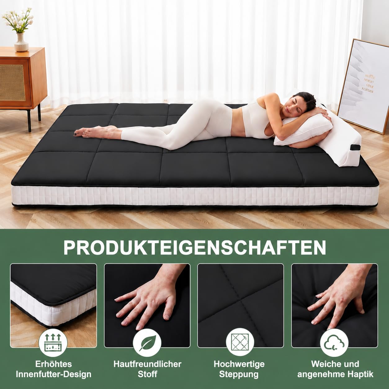 Futon Matratze 153x203cm Klappmatratze - 10cm dick Japanische Klappmatratze, Futon Gästebett, Bodenmatratze, Tragbar Matratze Faltbar für Tatami, Schlafsälebett, Camping, Wohnmobil - Schwarz