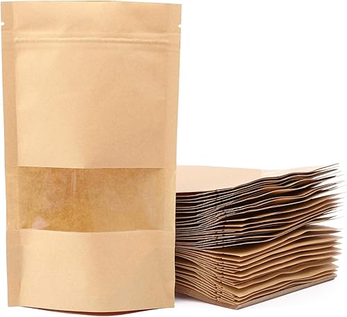 100 bolsas de papel kraft con ventana, bolsas de pie con cierre hermético para empacar alimentos, galletas, aperitivos