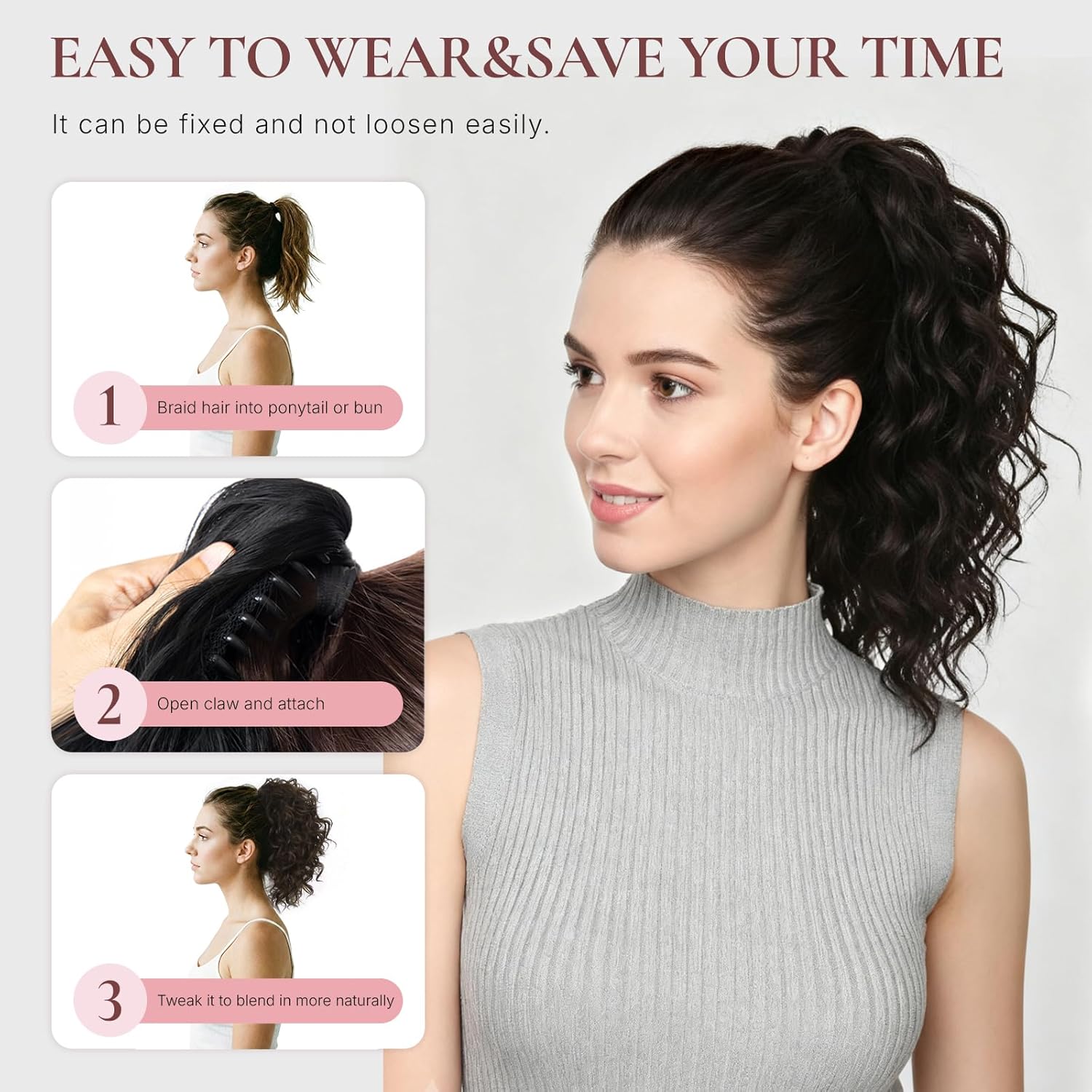 12 Inch Dark Brown Ponytail Extension - Soft Curly Pony Tails Hair Extensions, Claw Clip Ponytail Extension, Short Synthetic Hair Pieces for Women (Color: Dark Brown) - Image 5