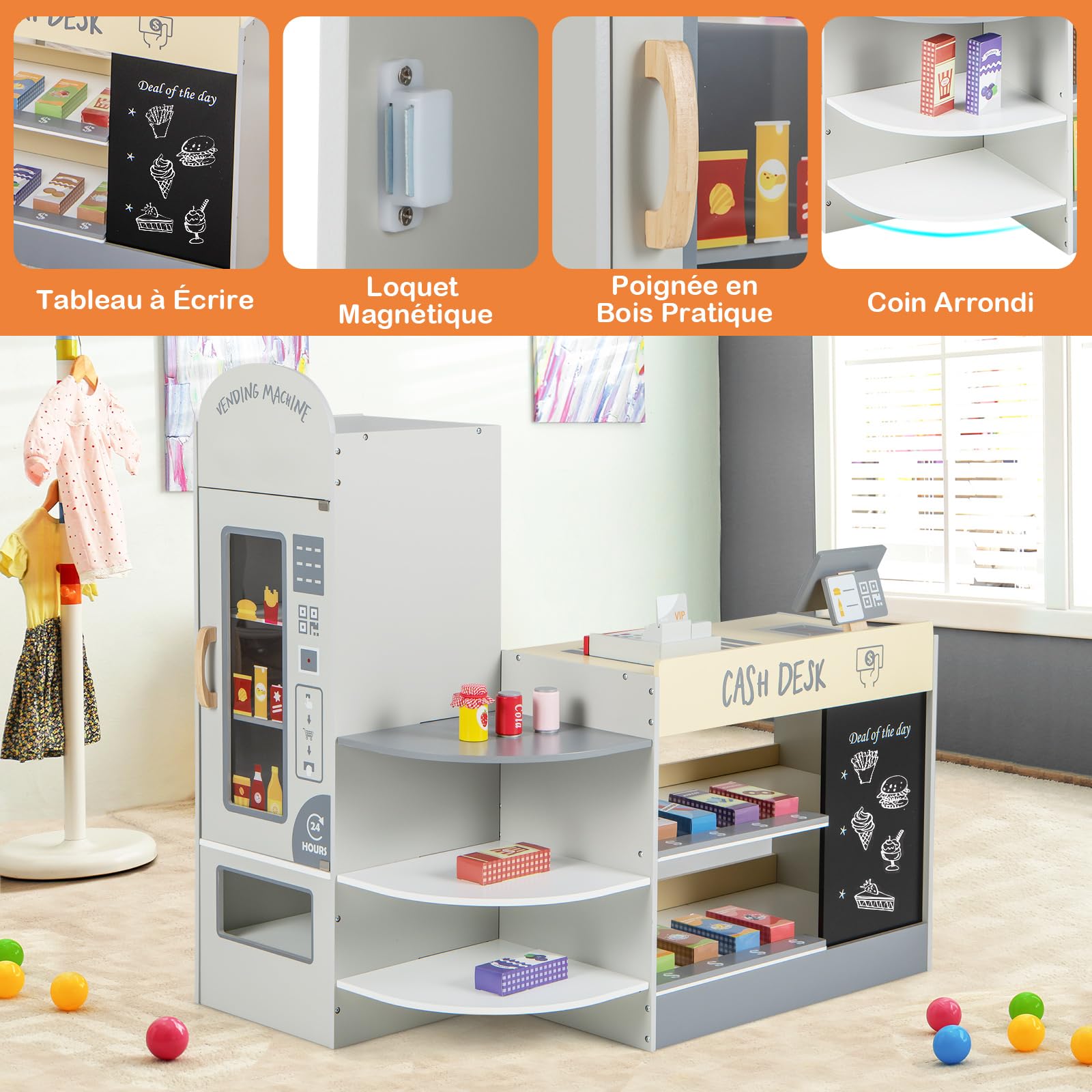 COSTWAY Épicerie Enfants en Bois avec 15 Accessoires & Distributeur Automatique, Marchande Enfants avec Caisse Enregistreuse Réaliste & Tableau Noir, Jeu d’Imitation pour Enfants de 3-8 Ans (Gris)