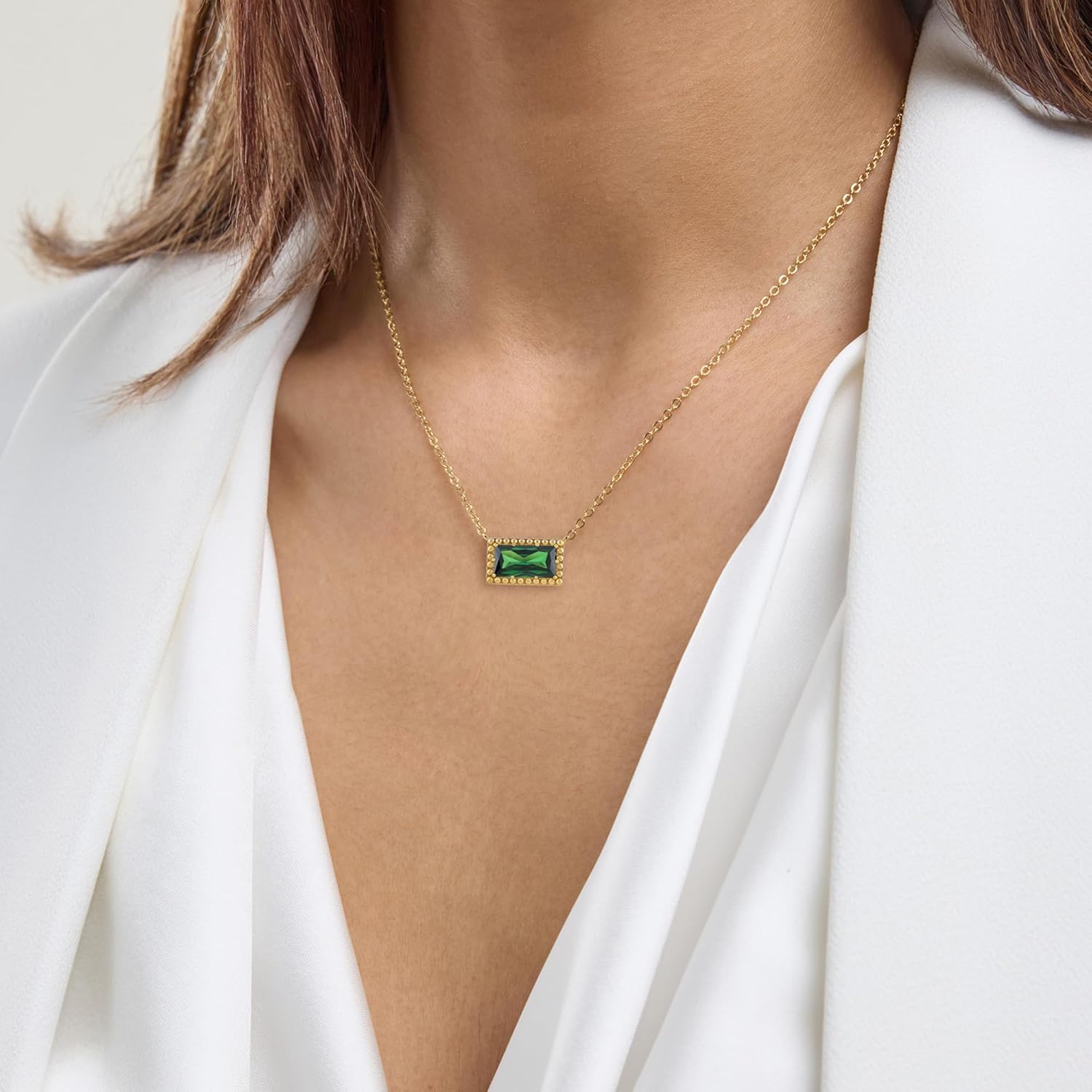 Belacqua Gemstone Necklace in 14K Gold Plated Sterling Silver, Baguette Pendant Size 6*12mm, 15" Cable Chain with 2" Extender, Spring Ring Clasp, Dainty Birthstone Necklace for Women, Gift Box Included - Image 2