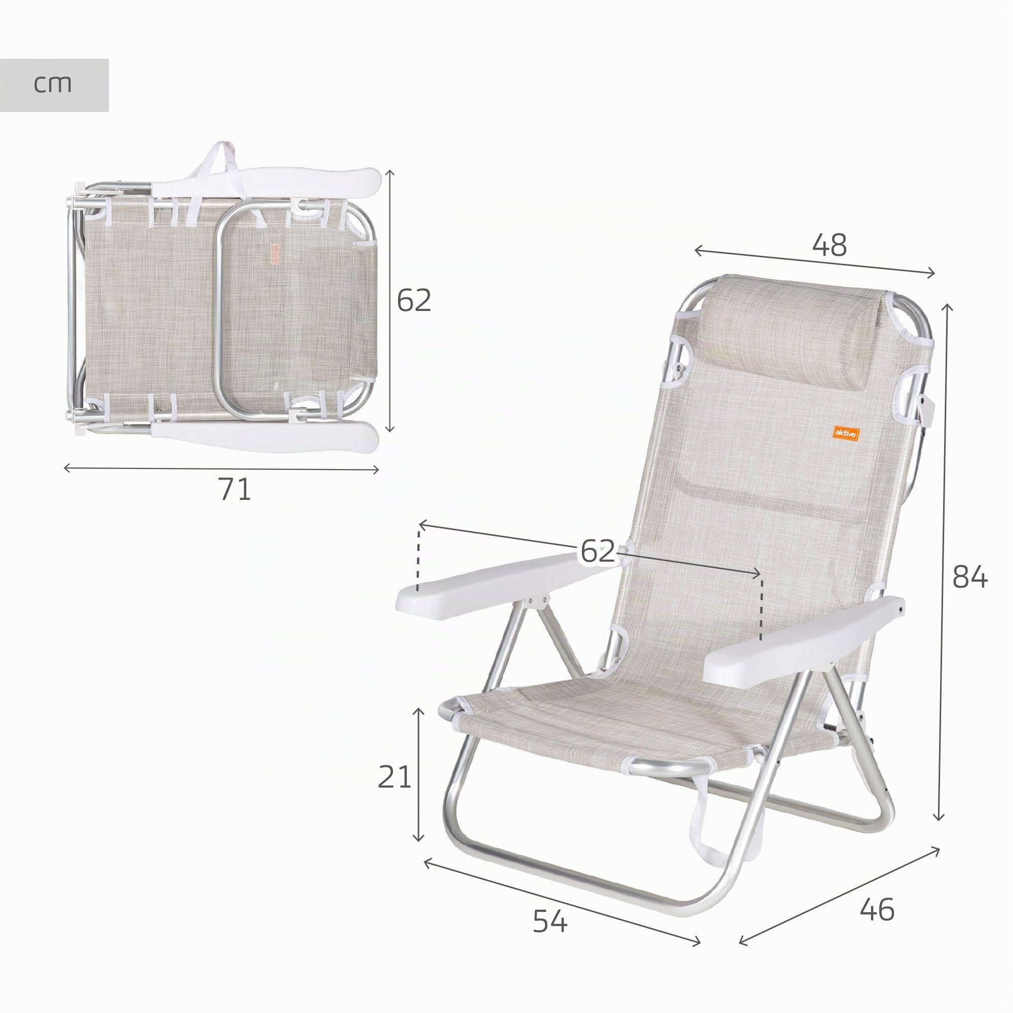 Sedia da spiaggia reclinabile, sedia multiposizione, 5 posizioni, altezza seduta 21 cm, 48x46x84 cm, con maniglia per il trasporto, beige, Aktive Spiaggia