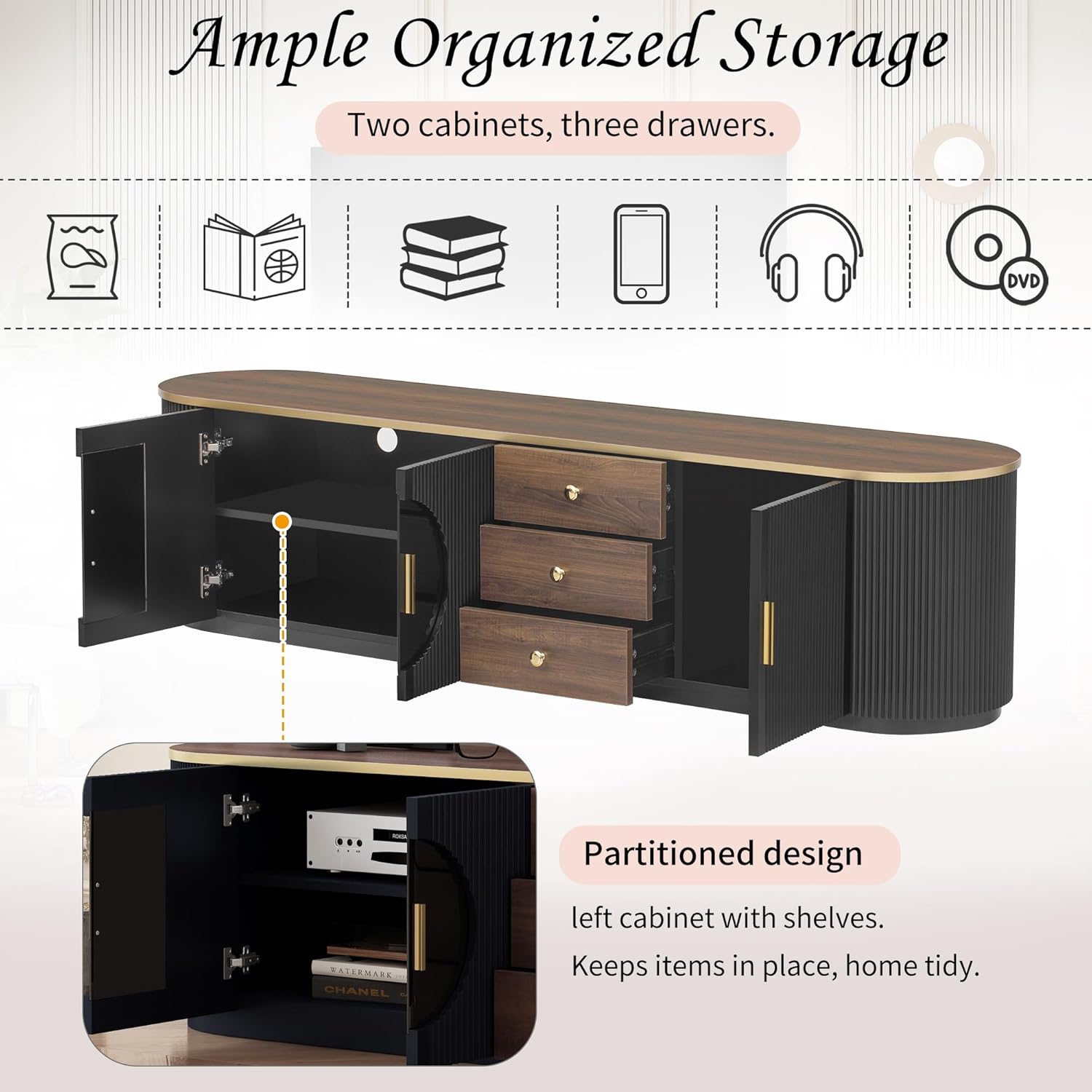70.8" Modern TV Stand for 80 Inch TVs, Entertainment Center with 3 Drawers & 2 Glass Cabinets, Adjustable Shelf Media Console for Living Room