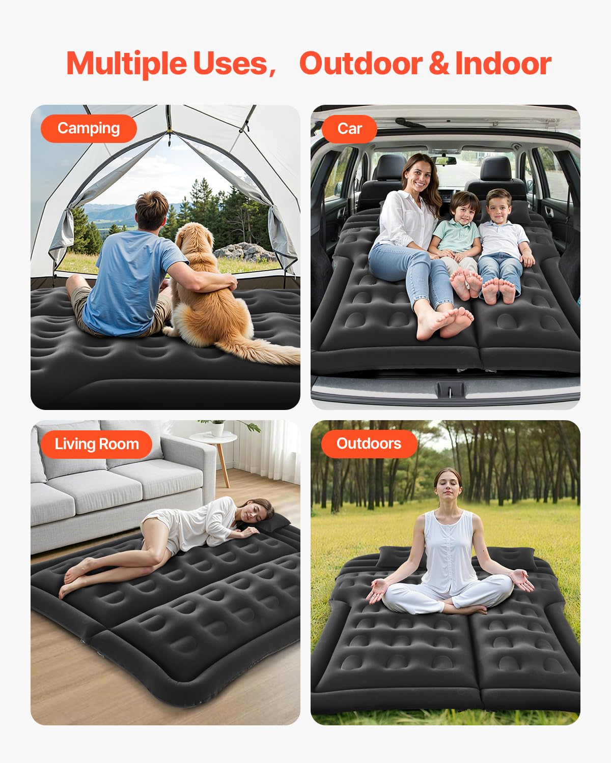VEVOR Colchón Inflable de Camping para Coche, Grueso y Aterciopelado, Duradero con Bomba de Aire, 2 Almohadas, Boquilla y Bolsa de Transporte, para SUV, MPV y Sedán, Negro, 1750 x 1330 x 150 mm