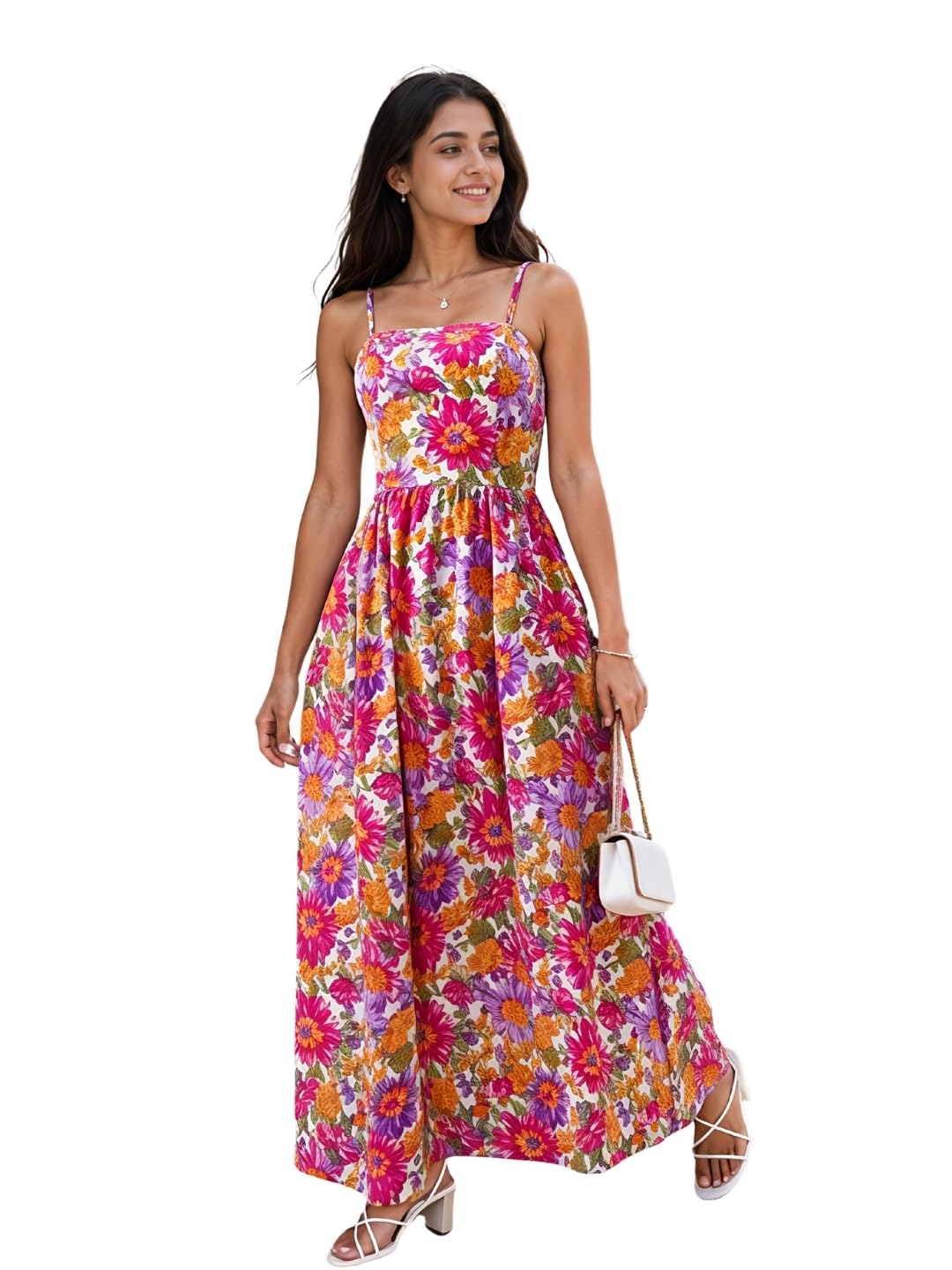 NAINVISH Floral Maxi Dress for Women Summer Sleeveless Spaghetti Strap Vibrant Printed Flowy Gown