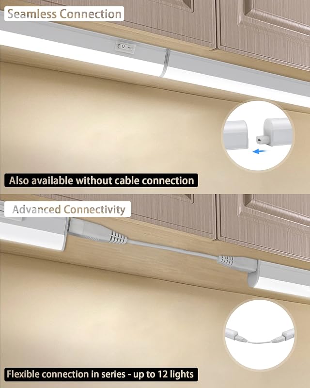 BOYIR LED konyhapult alá szerelhető fénycsík lámpa kapcsolóval 14W 88,6 cm 1400 lm semleges fehér 4000K bővíthető szekrény világítás polcokh