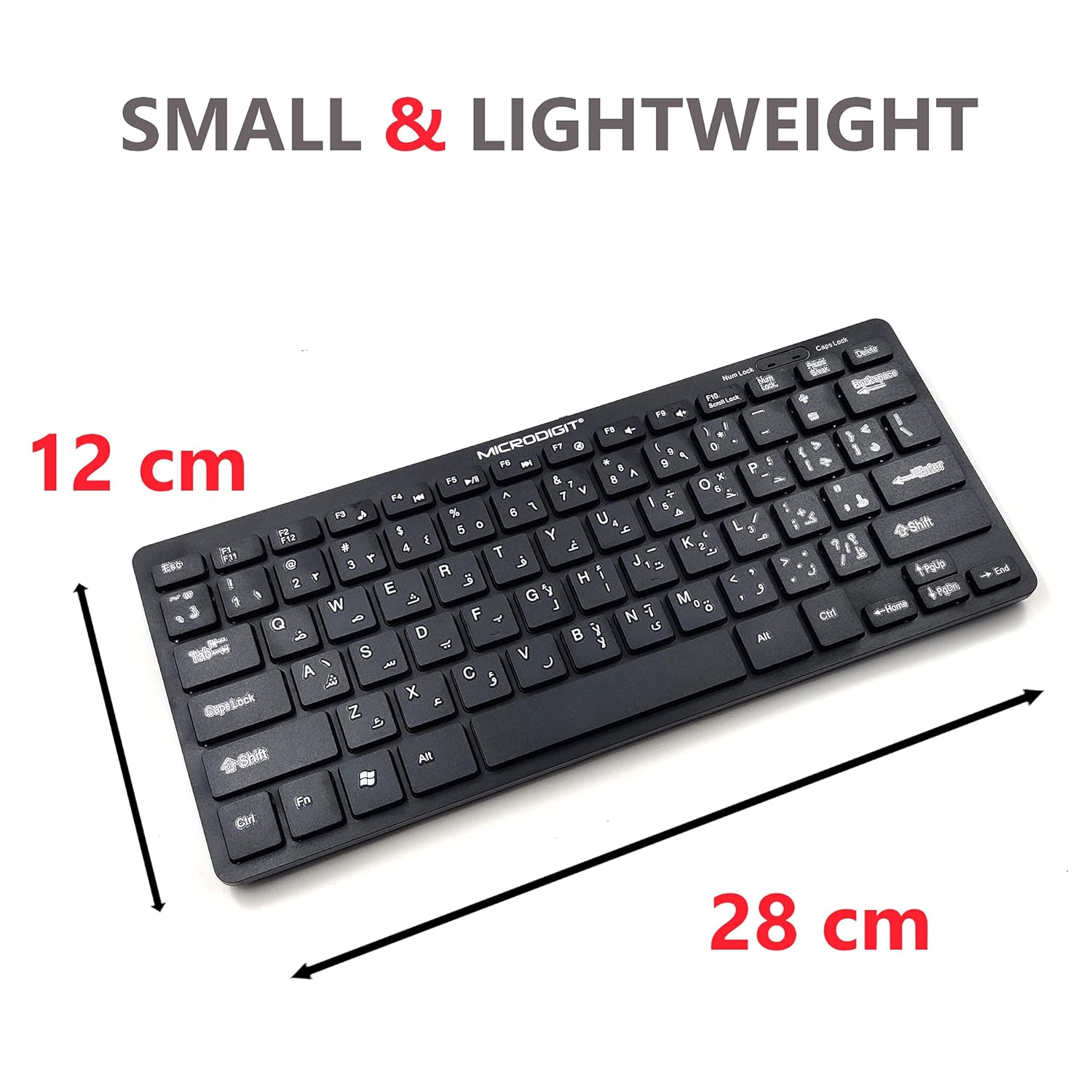 Top-down view of the Microdigit MD302K keyboard with dimensions 12 cm by 28 cm, highlighting its small and lightweight design.