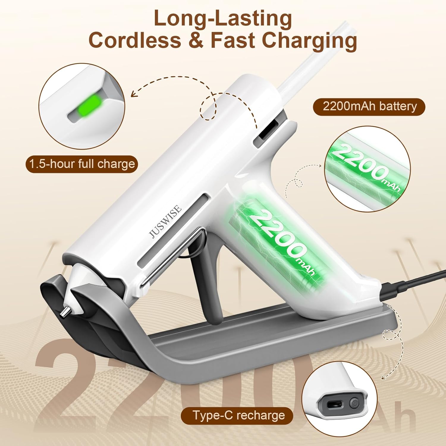 Cordless Hot Glue Gun，Fast Preheating Mini Glue Gun with 20 Sticks Set，2200mAh Built-in Battery, Anti-Scald，Anti-Drip，Smart Power-Off，Metal Base and Stand for DIY, Crafts, Home Repairs，White