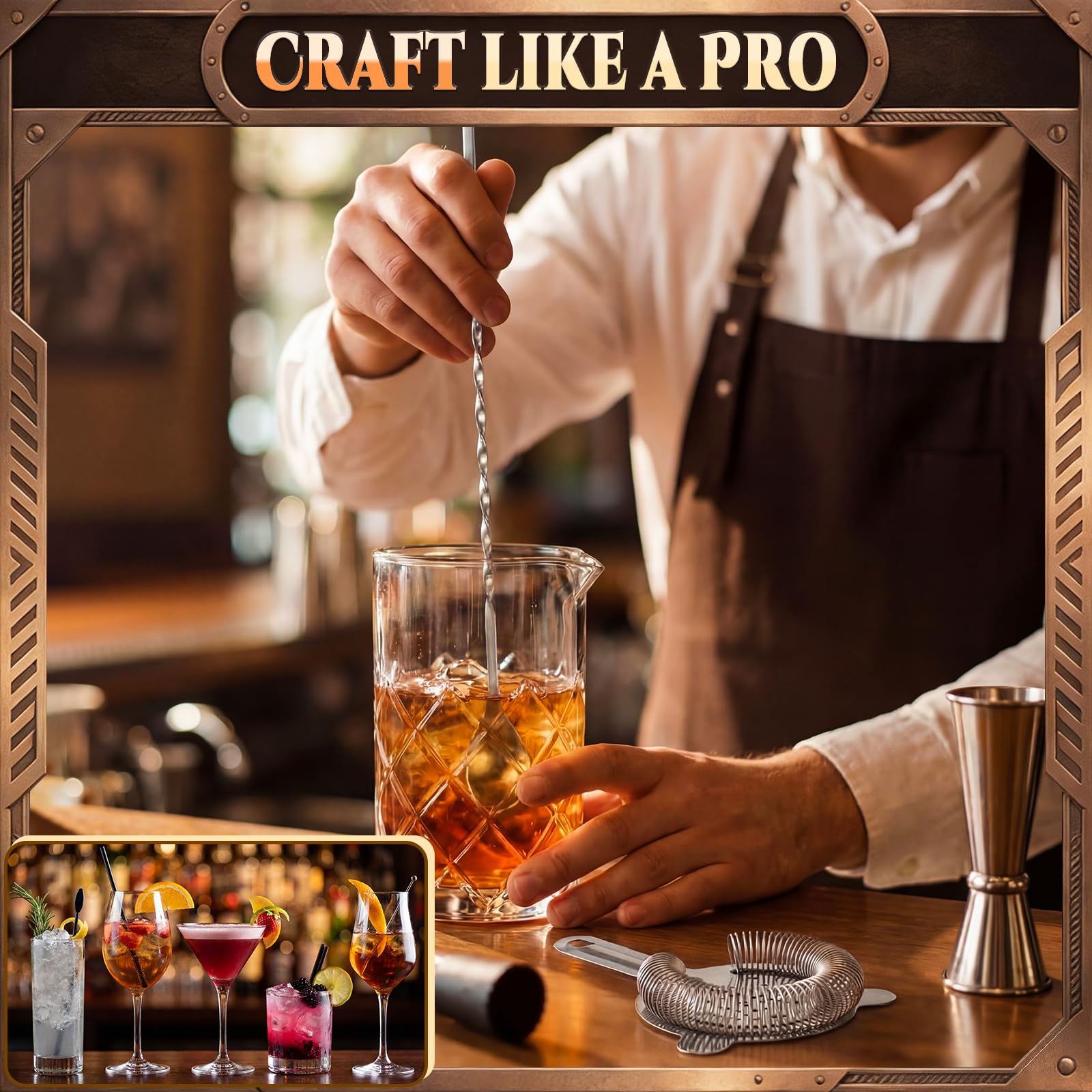 Zhehao Set di 5 bicchieri da cocktail da 652 g, con fondo spesso in cristallo, cucchiaio, misurino, colino e pestello, kit per mescolare cocktail da bar, regali per dilettanti e baristi