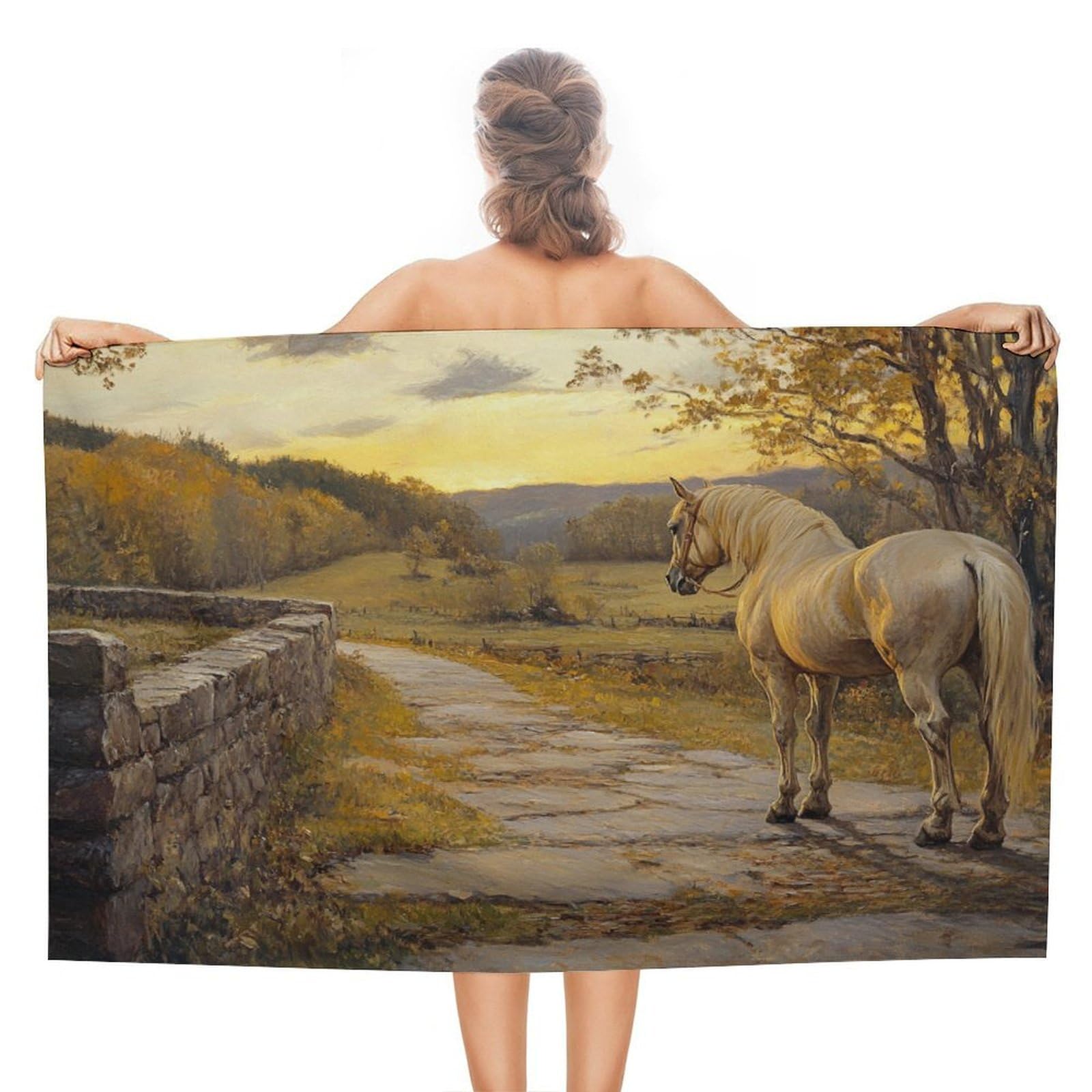 LSRCPD Horse An Ancient Stone Road Countryside Beach Towel Sand Free Microfiber Large Shower Towels Multipurpose Absorbent for Bathroom Pool 130x80 CM