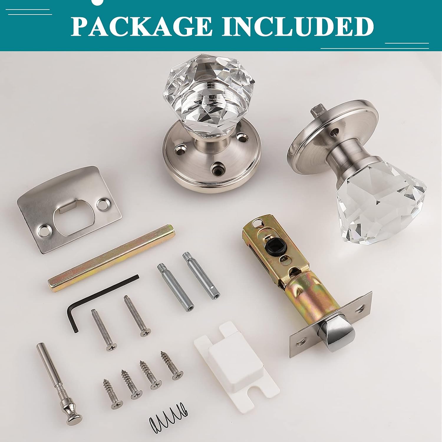 Greatest Product Orger 2 Pack Satin Nickel Door Knob Sets, Privacy Keyless Interior Door Knobs for Bathroom and Bedroom, Diamond Shape Crystal Glass Door Knobs with Zinc Alloy Base
